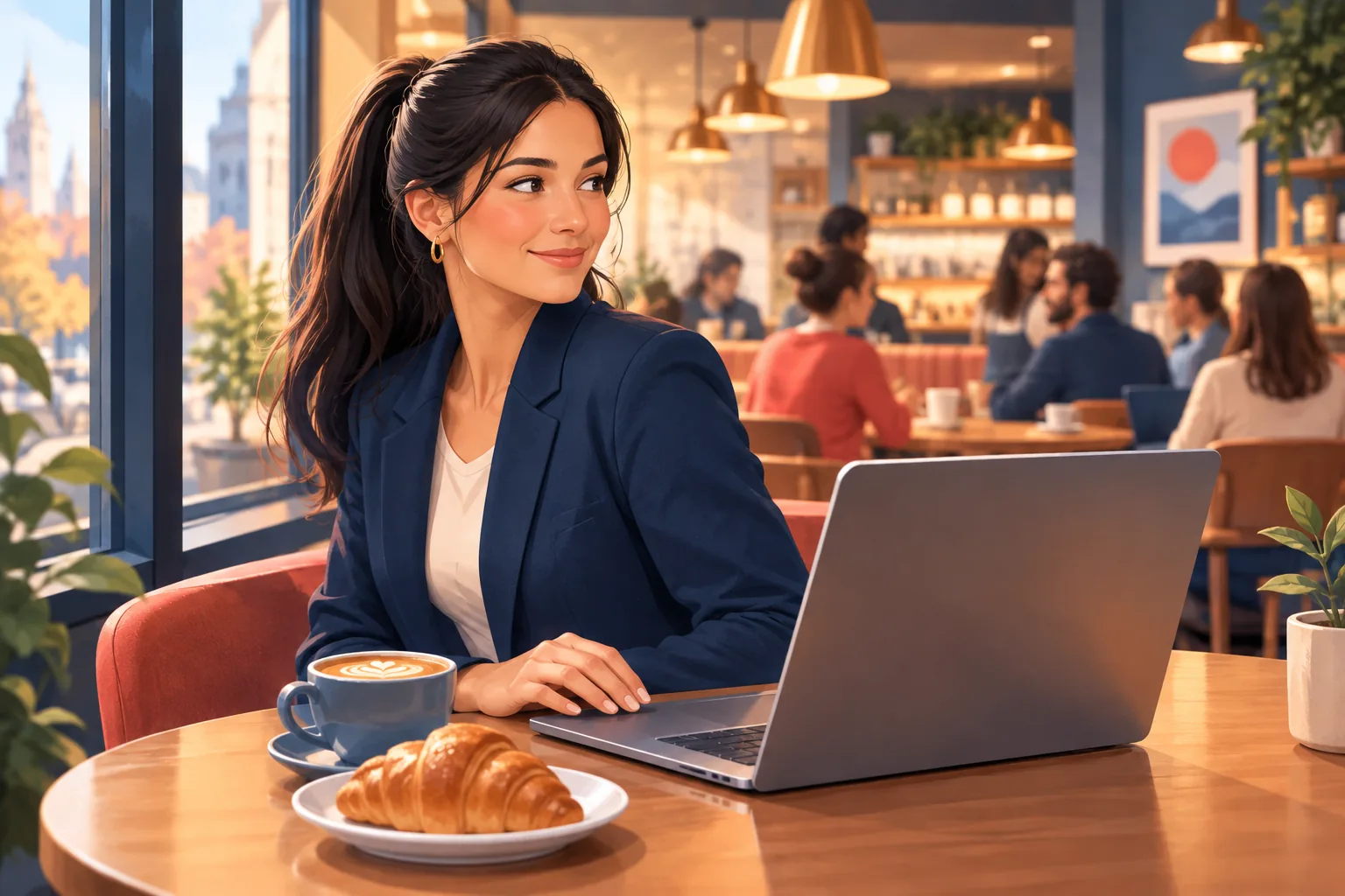 Woman at a cafe glancing over her shoulder with a knowing smile while adjusting a setting on her laptop