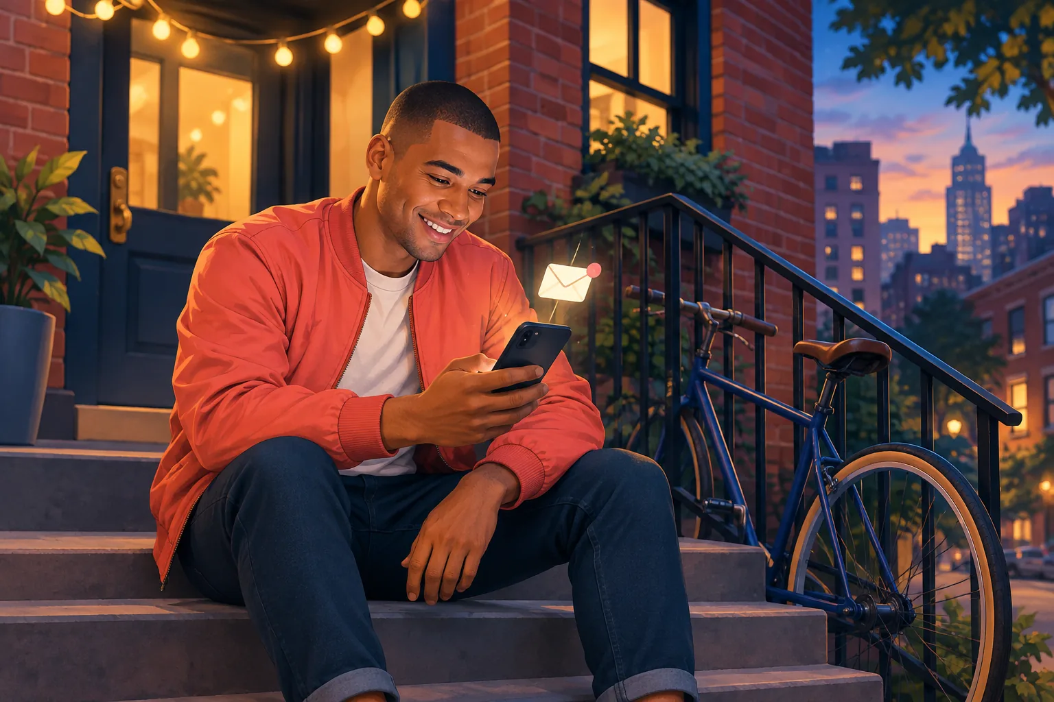 Young man on the front steps of his building grinning at a new email alert on his phone