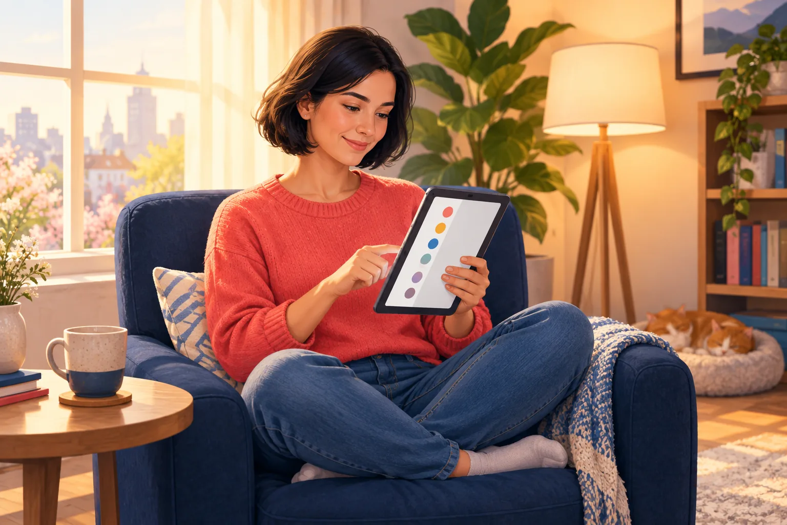 Woman in an armchair scrolling a long list of channels on her tablet, relieved to finally be sorting out her subscriptions