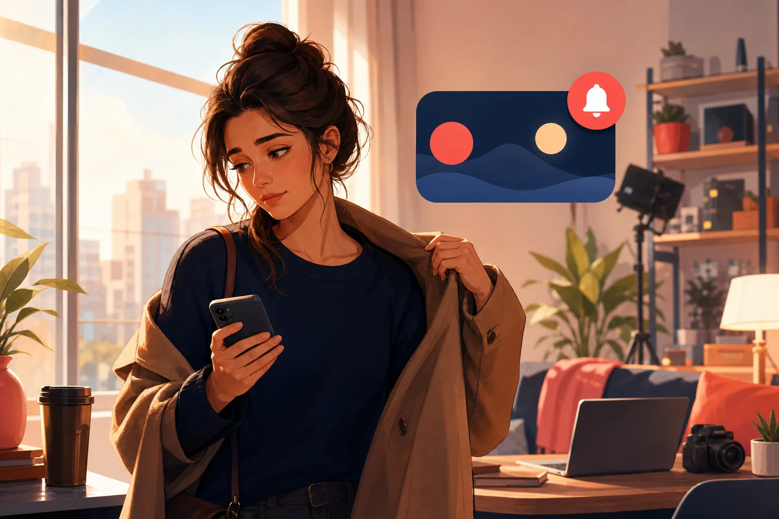 Busy woman glancing at her phone between tasks, a channel she loves quietly going silent as weeks pass