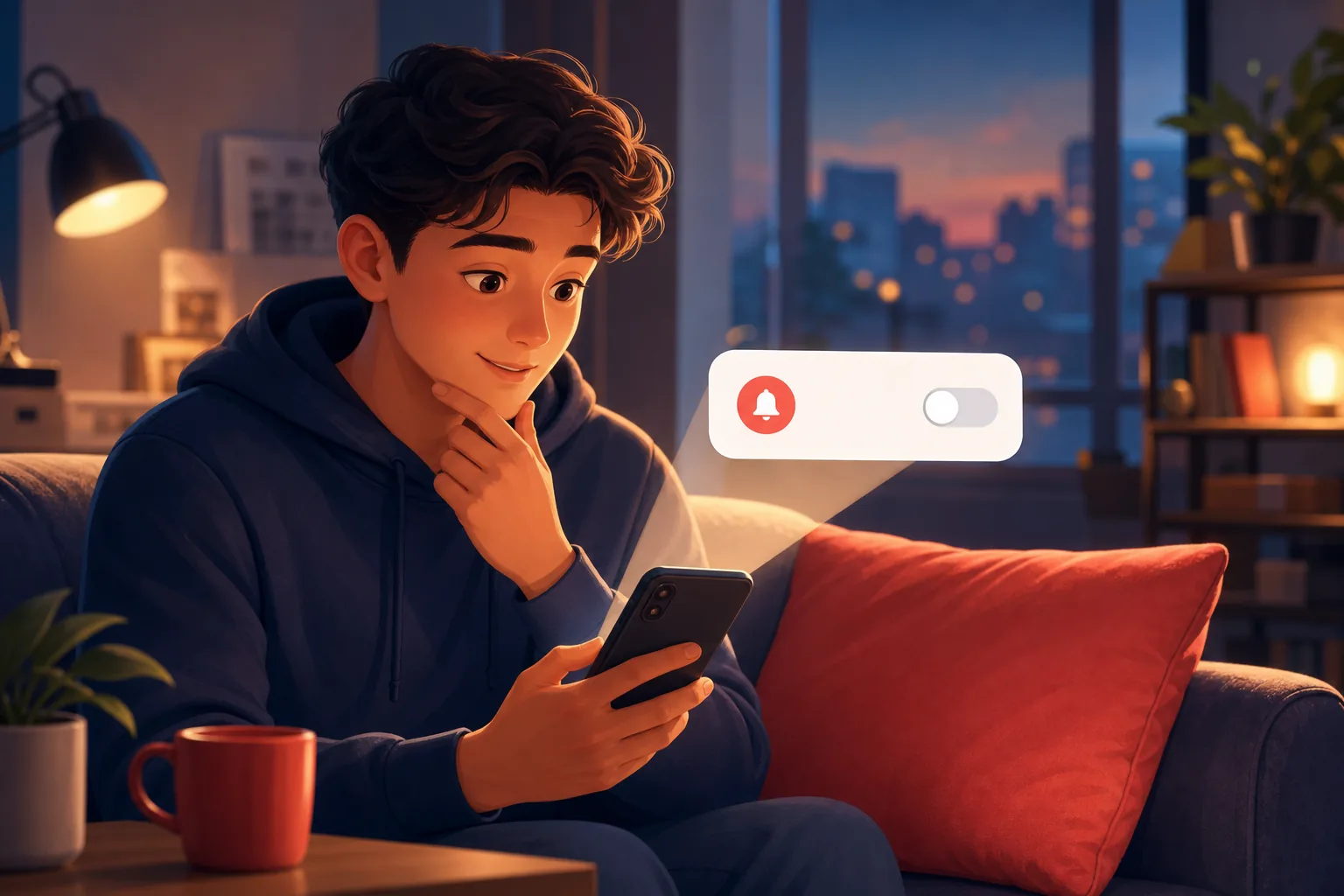 Person calmly checking the notifications screen in their phone settings, finding the app permission switched off