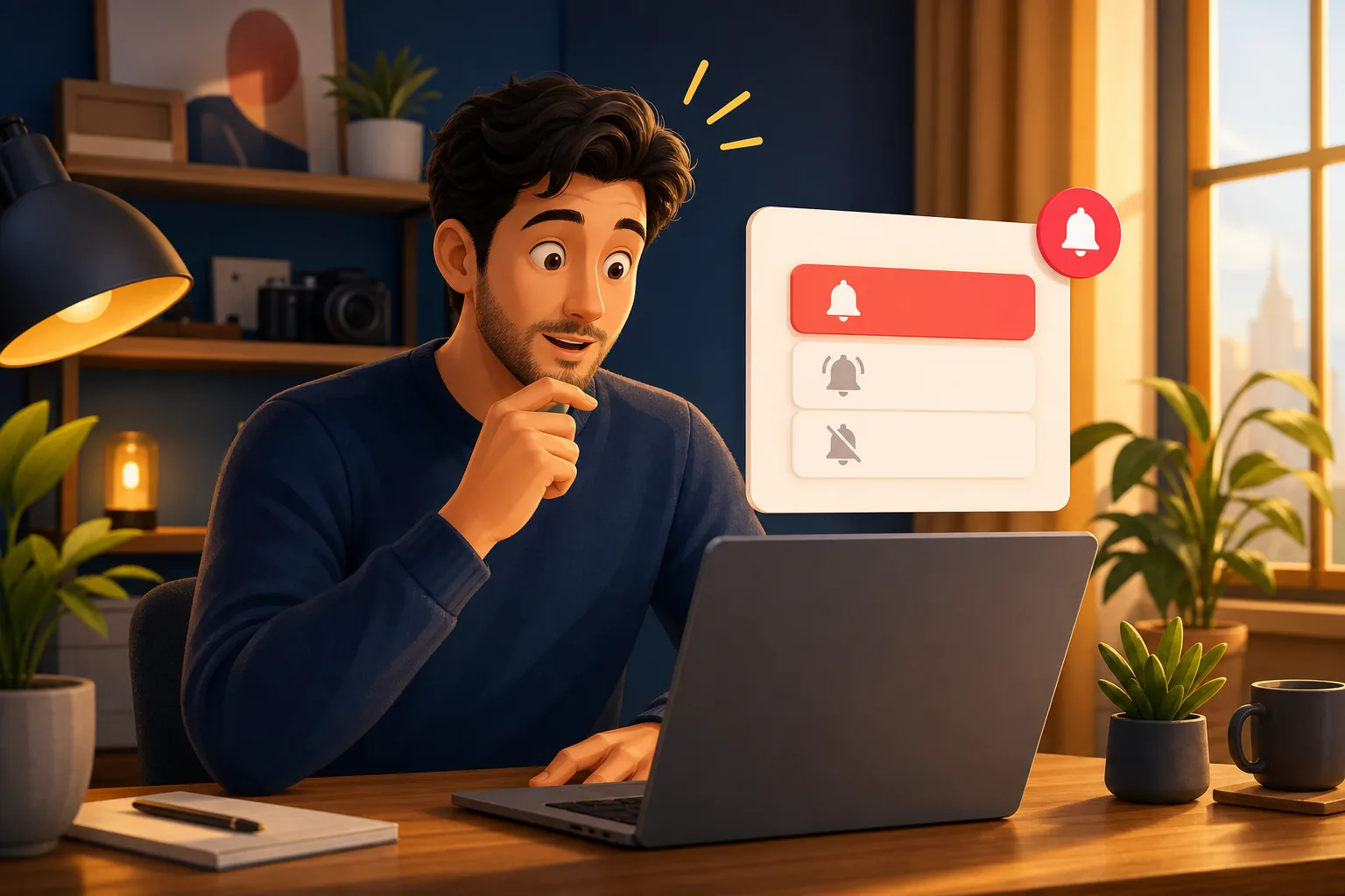 Man at his laptop checking a channel's bell menu, realizing it was set to Personalized instead of All