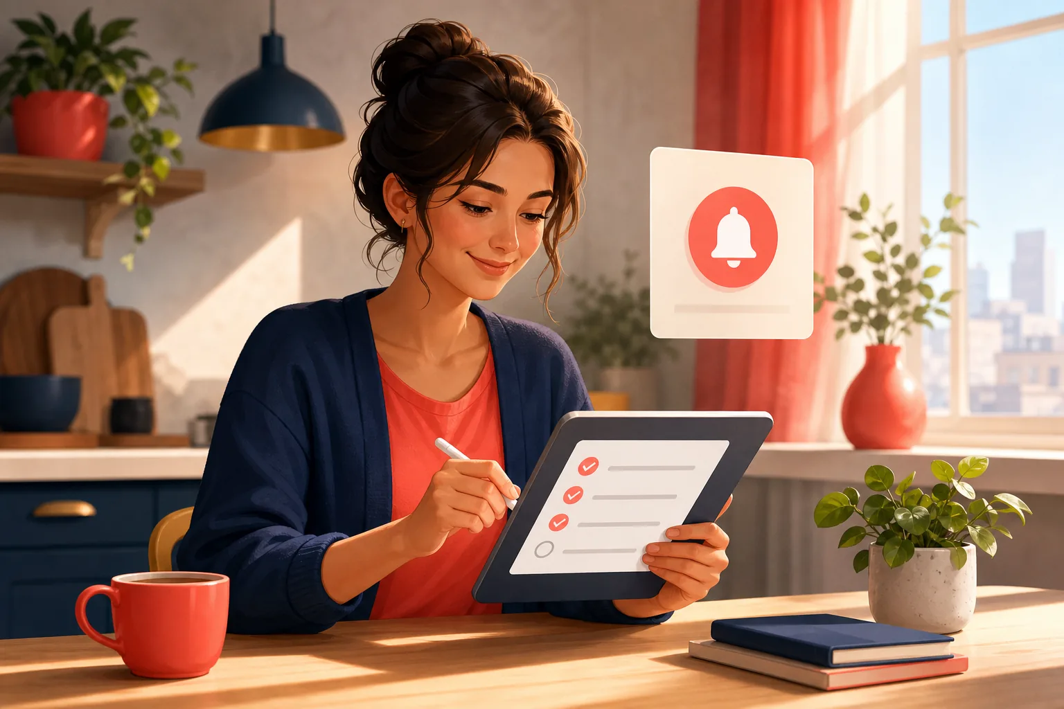 Relieved woman working through a simple checklist on her tablet, calm and methodical as she sorts each setting