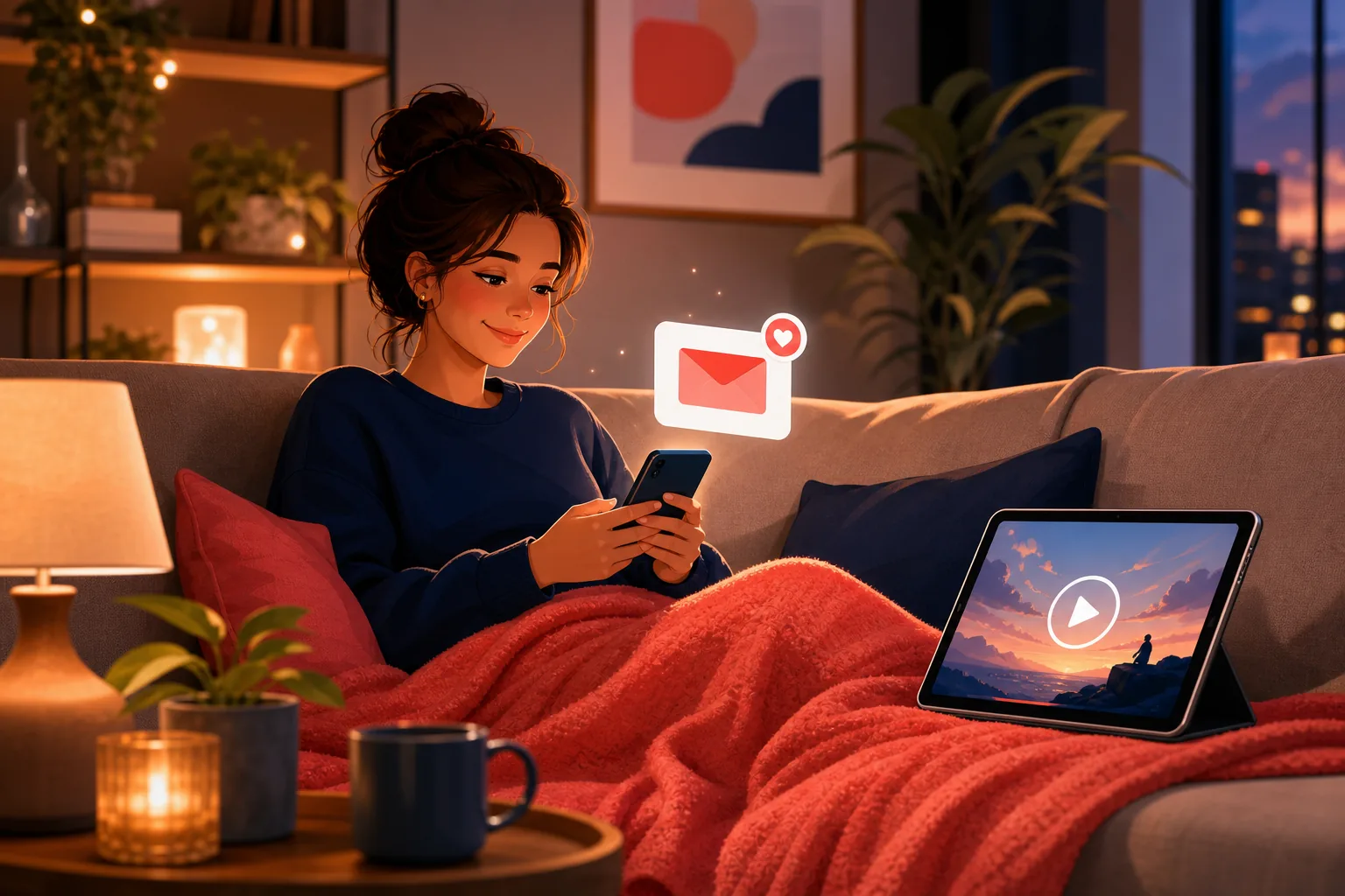 Content viewer on her couch smiling as a clean email upload alert lands on her phone, finally reliable