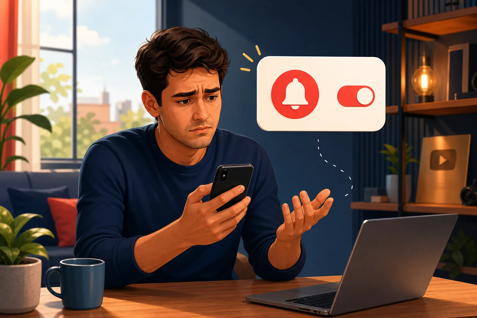 Frustrated viewer at his desk holding a phone with the bell set to All but no YouTube alert arriving