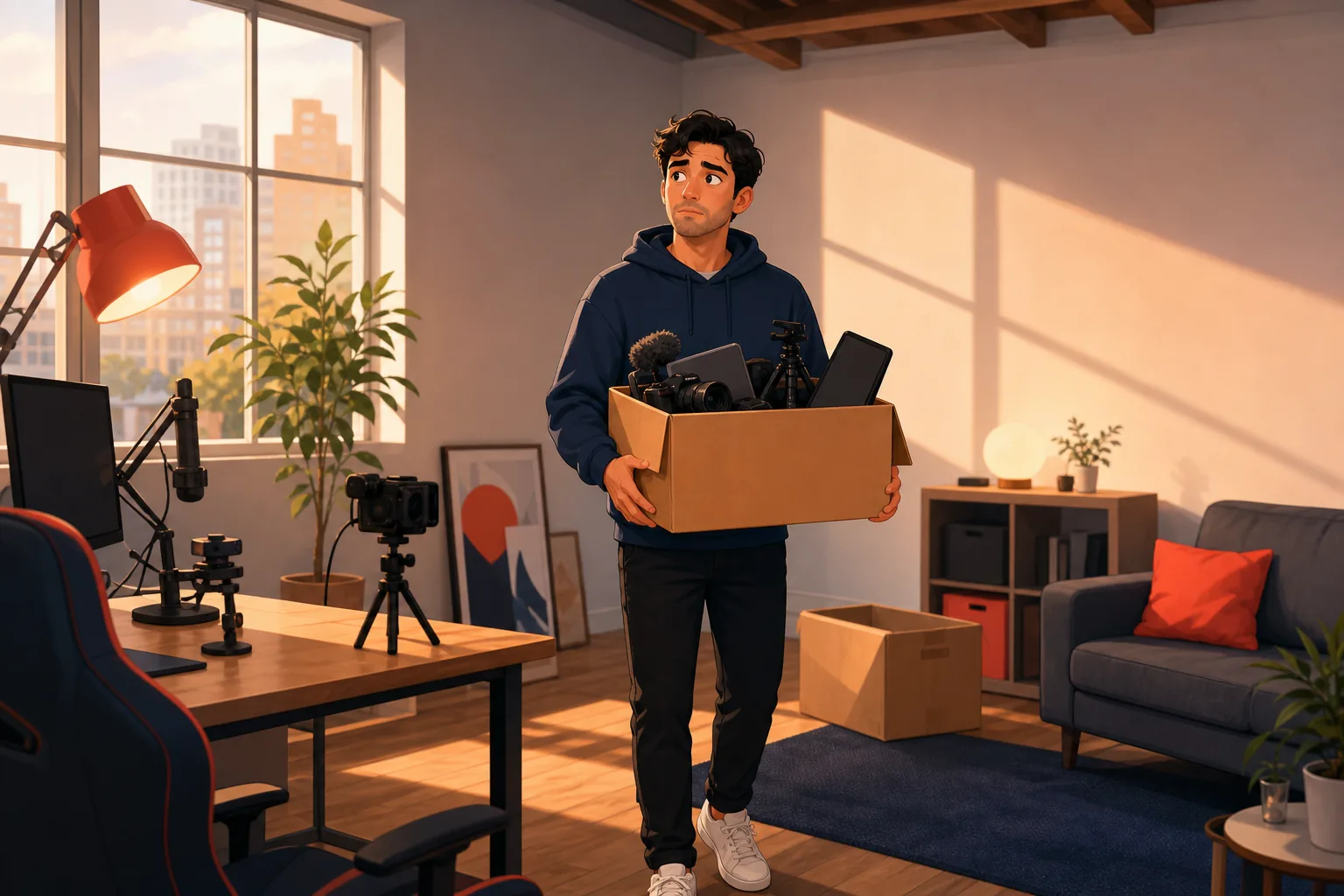 Male creator standing in a rented studio room holding a box of gear, uneasy about building on ground he does not own