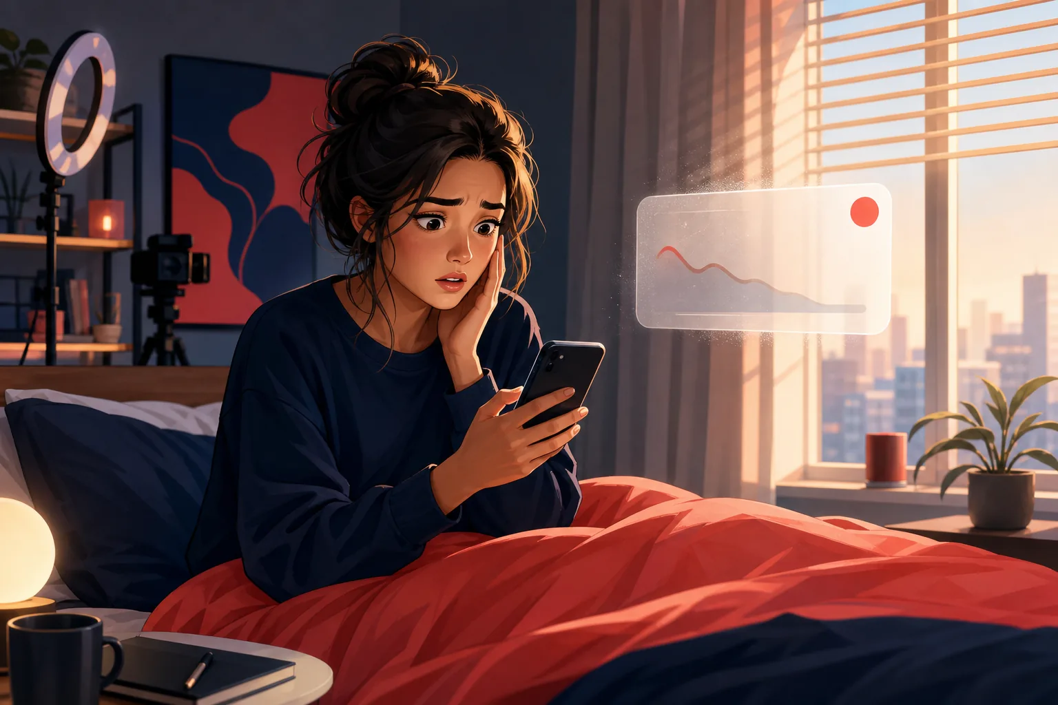 Creator waking to her phone at dawn, startled that far fewer fans were reached by her latest upload