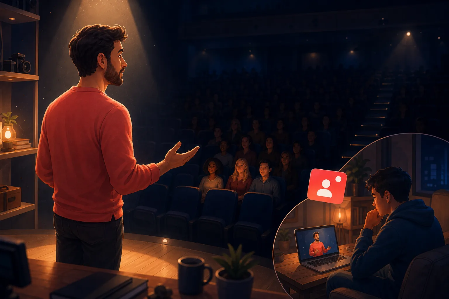 Creator on a small lit stage facing a large dim auditorium, realizing how few of the crowd he can actually reach