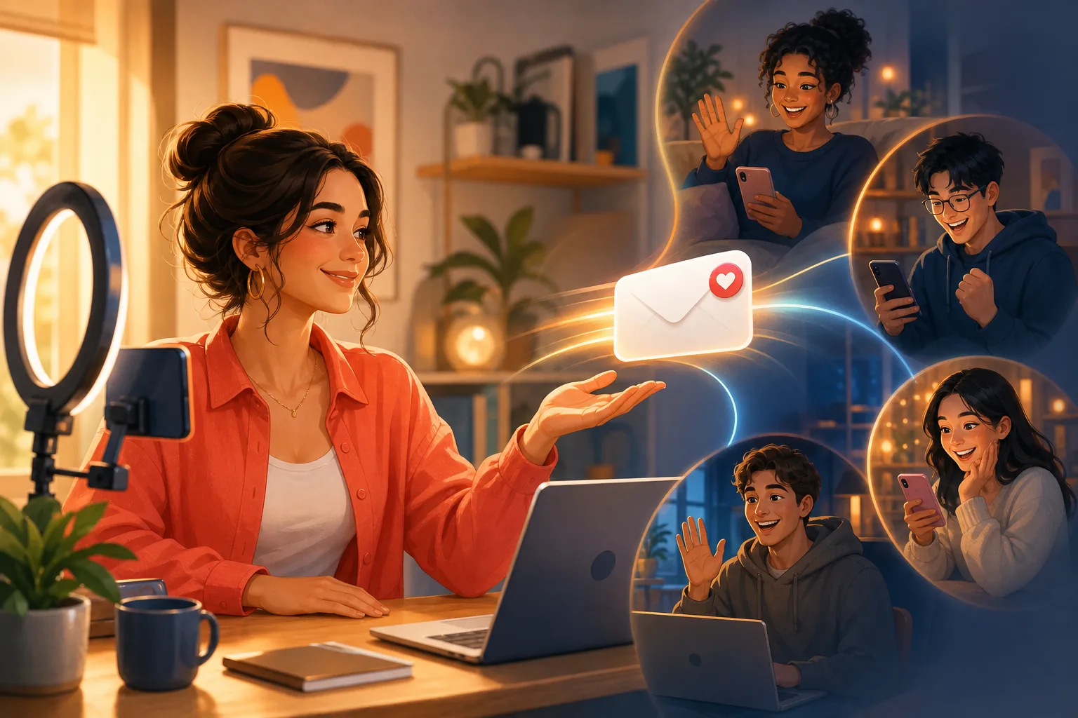 Creator smiling with calm confidence as a clean email alert glides out to happy fans she can reach directly