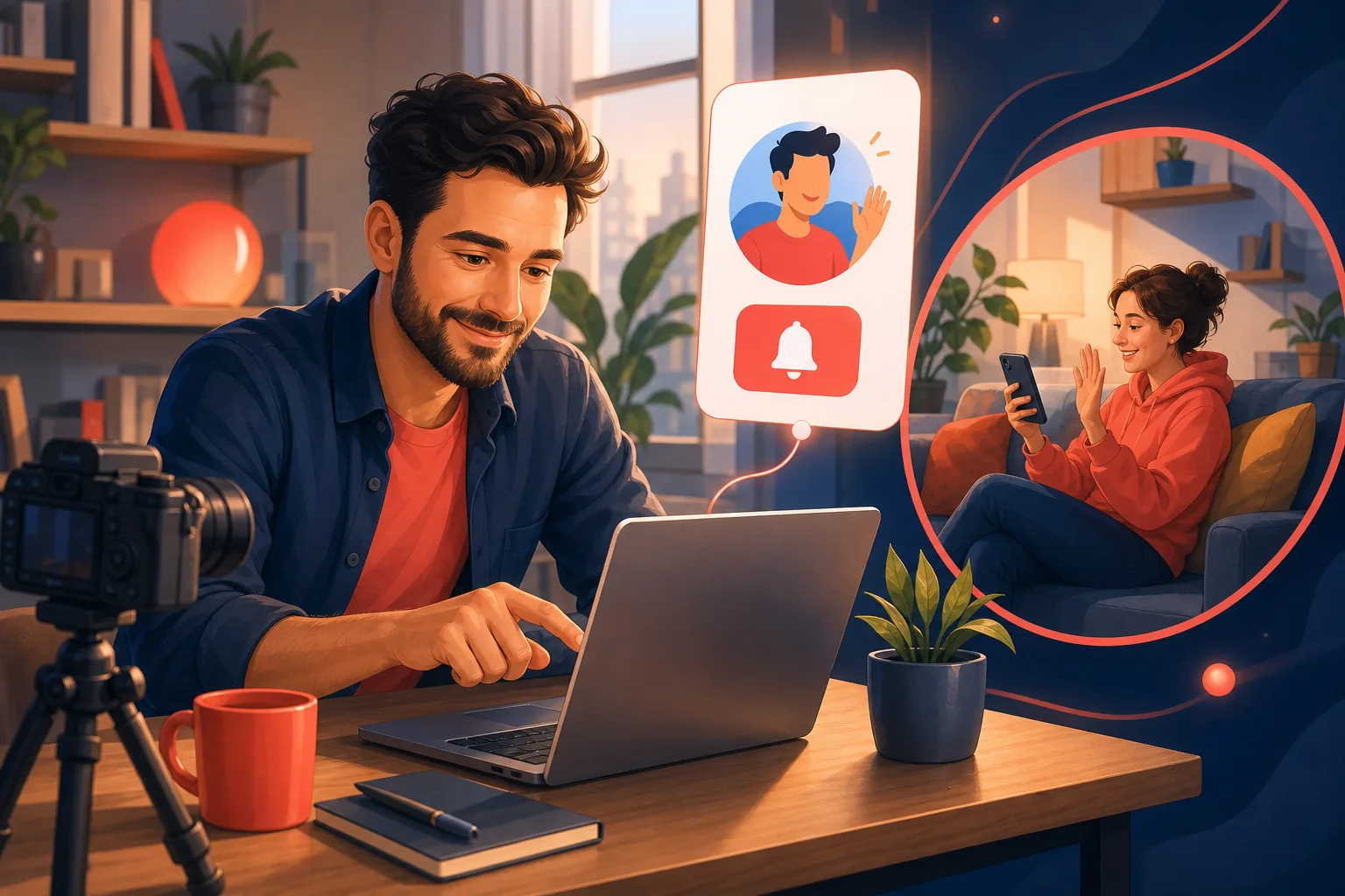 Creator at his desk tapping his laptop with a satisfied smile as he claims his channel and sets up a direct line to fans