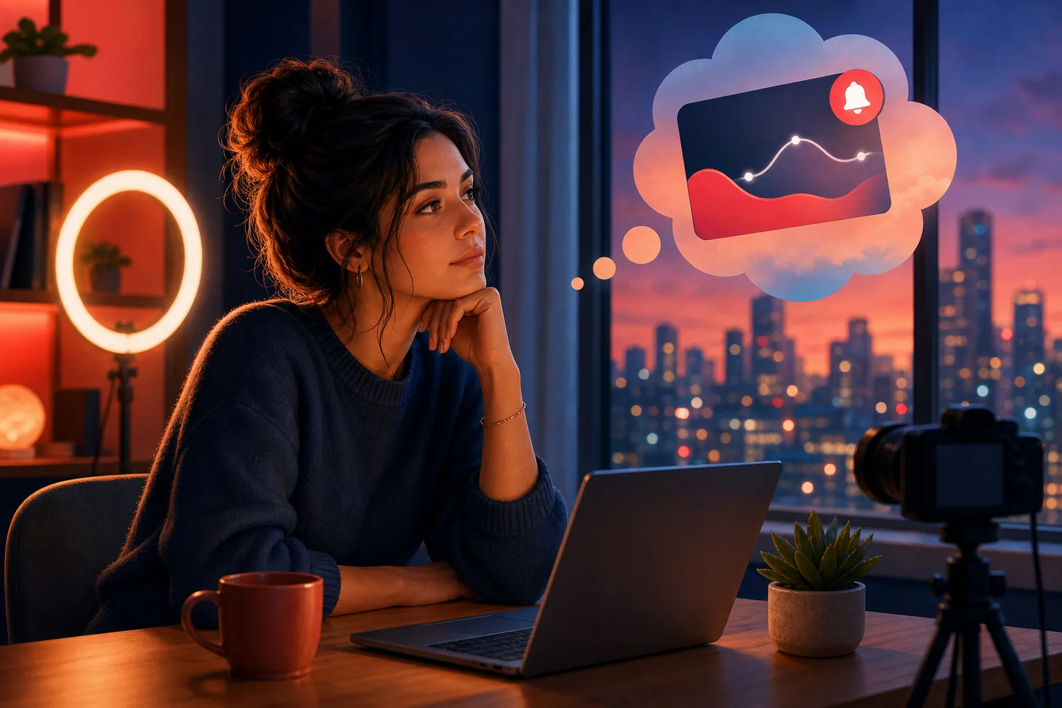 YouTube creator at her desk at dusk, thinking about what would happen if the algorithm changed overnight