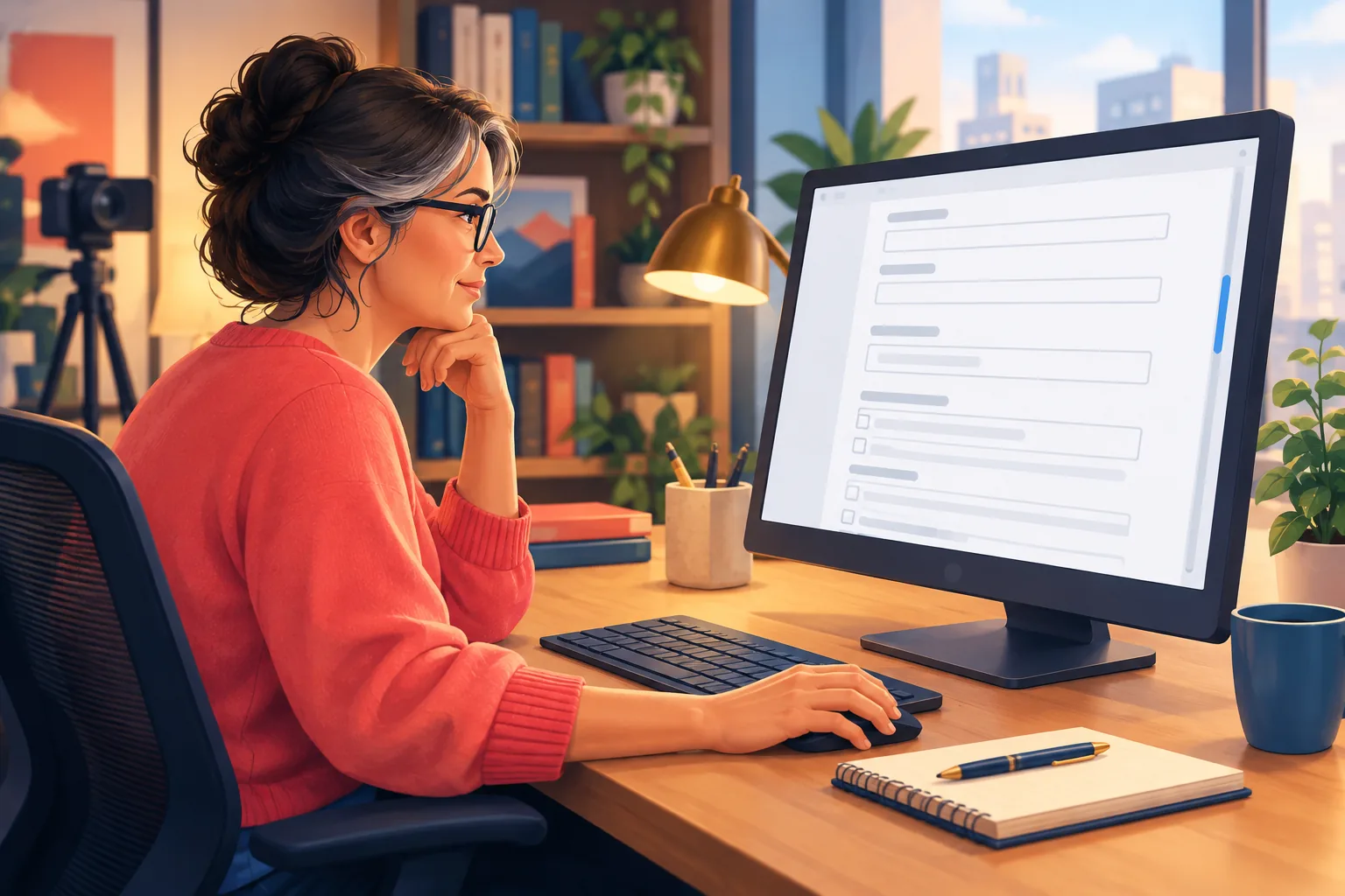 Creator at a tidy desk scrolling down a long upload form on her monitor, finger poised over the mouse