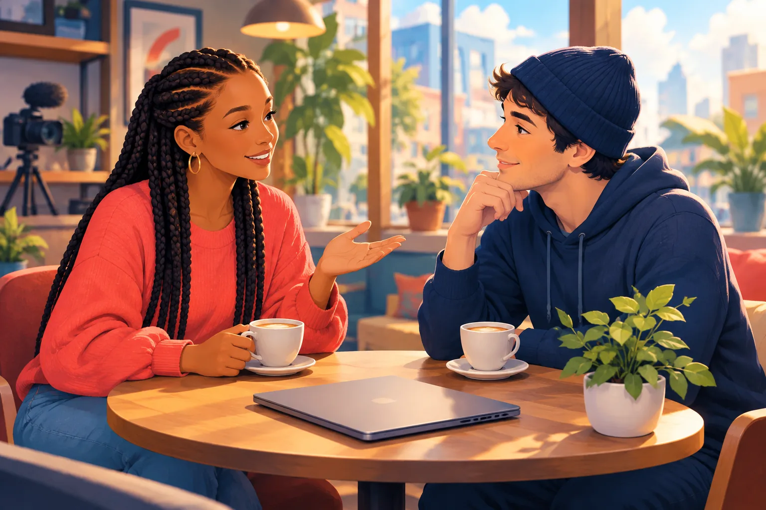 Two creators chatting at a coffee shop table, one reassuring the other with a calm smile and an open hand