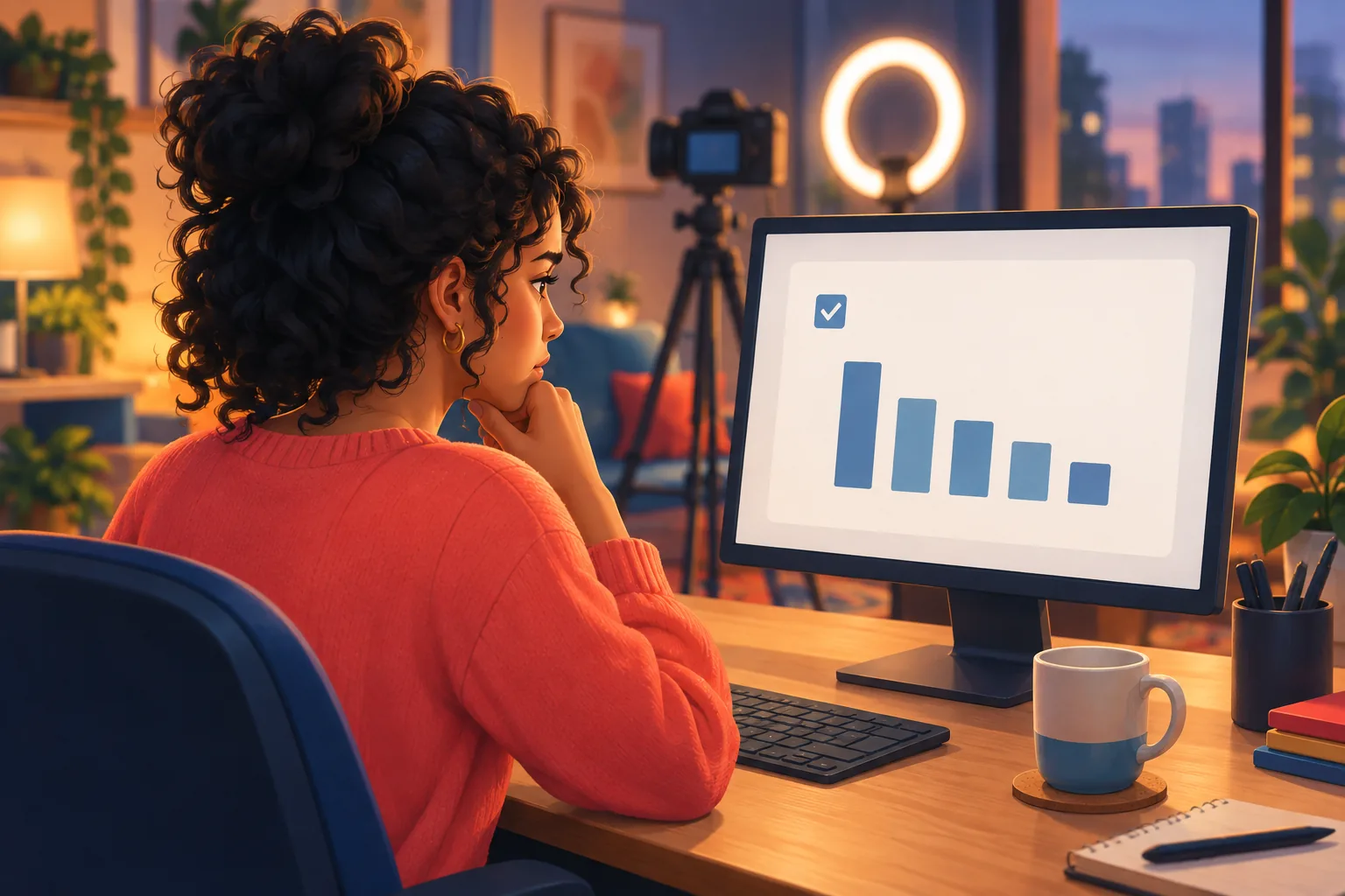 Creator frowning at her monitor, where the notify box is ticked but each bar in her reach chart is shorter than the last