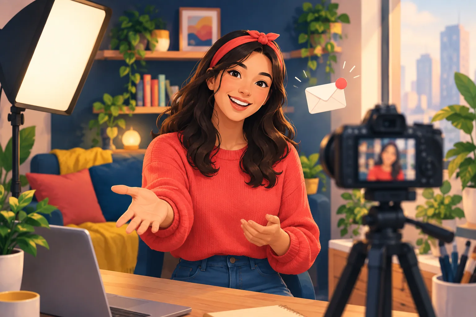 Smiling creator recording an outro in her filming corner, gesturing warmly toward the camera to invite viewers to join