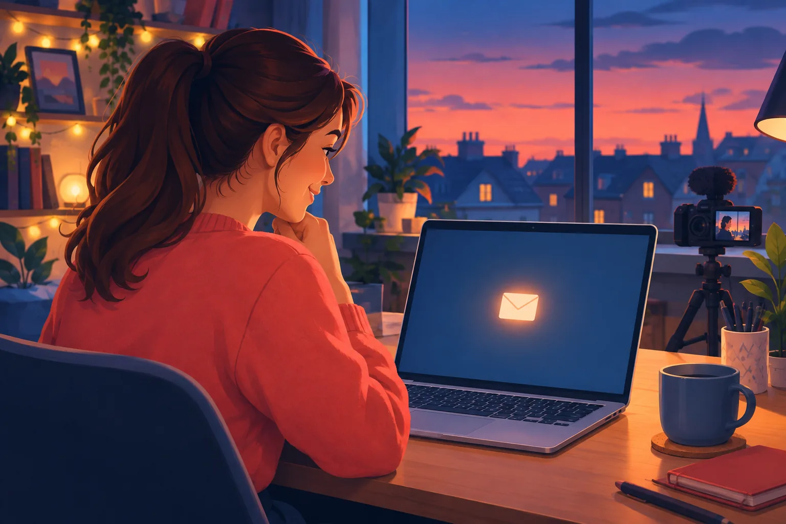 Creator at her desk at dusk smiling at her laptop after publishing, a single envelope card glowing on screen
