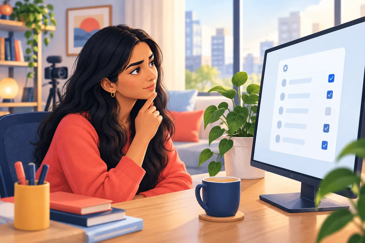 Puzzled creator at her desk tilting her head at a monitor where one checkbox looks faded and unclickable
