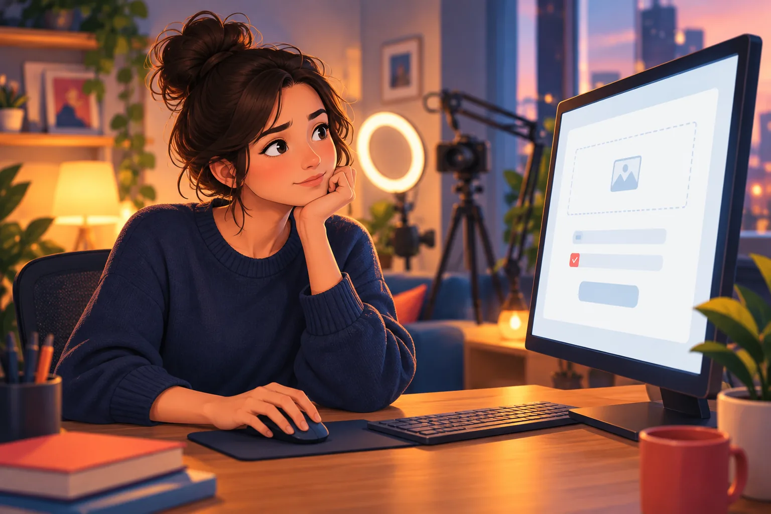 YouTube creator at her desk pausing over a single checkbox before publishing, deciding whether to notify subscribers