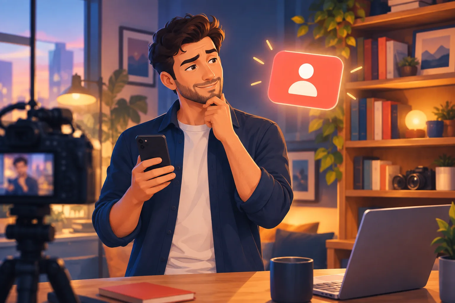 A creator holding up his phone, proud of a large glowing subscriber badge, while a flicker of doubt crosses his face about how many he could really reach today
