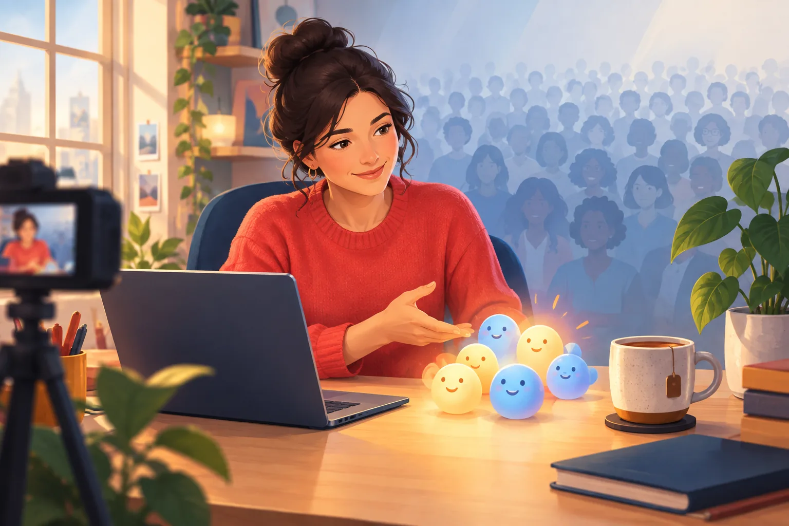 A creator gesturing toward a small cluster of fans gathered close around her, with a much larger faint crowd fading into the background