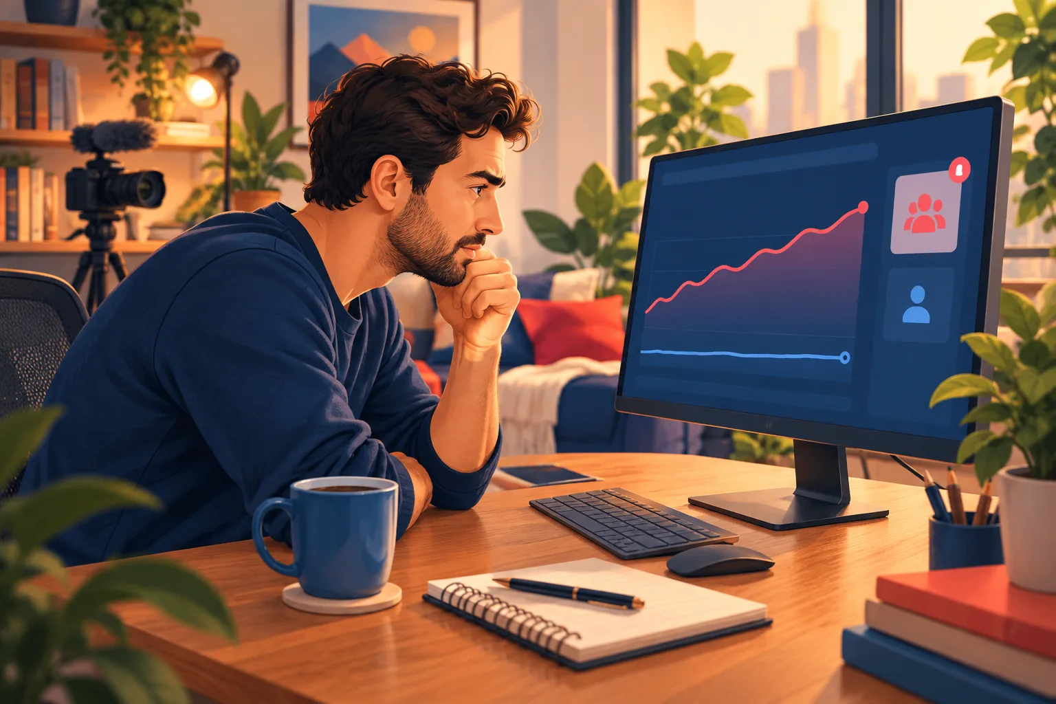 A creator leaning toward his monitor, studying a climbing subscriber line beside a much lower flat views line, working out the gap between the fans he has and the fans he can reach