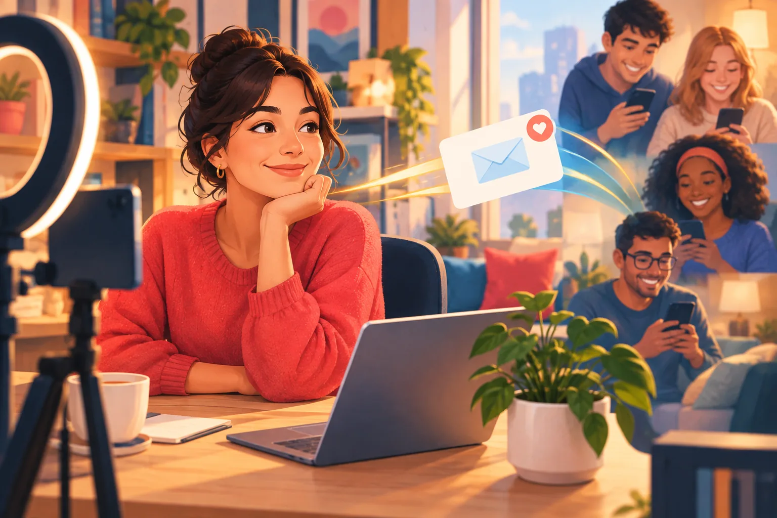A creator at her bright desk smiling as a single clean email-alert card glides out toward a handful of happy fans holding their phones