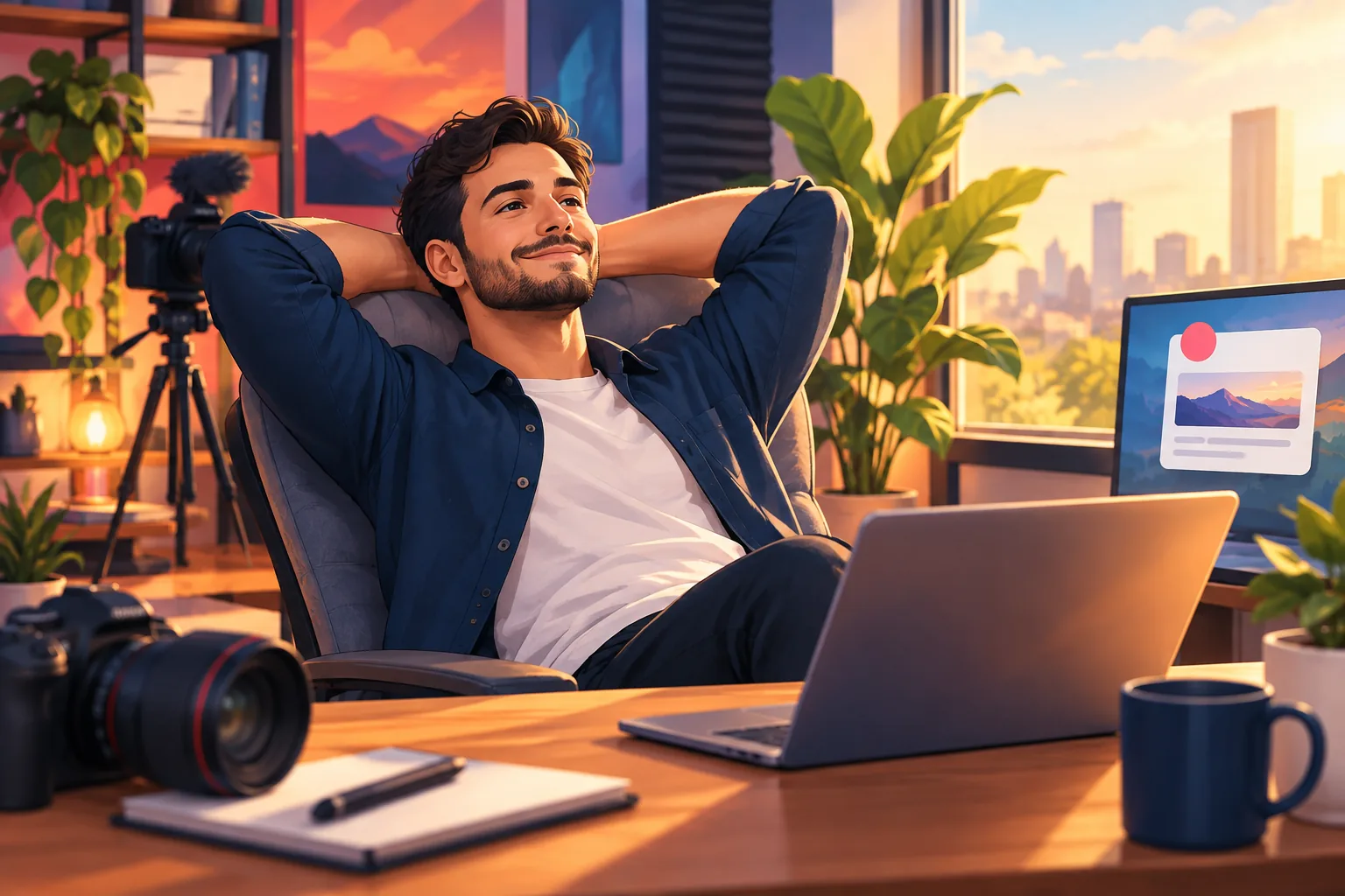 A creator leaning back calmly in his chair in a sunlit studio, confident the audience he owns will hear from him on every upload