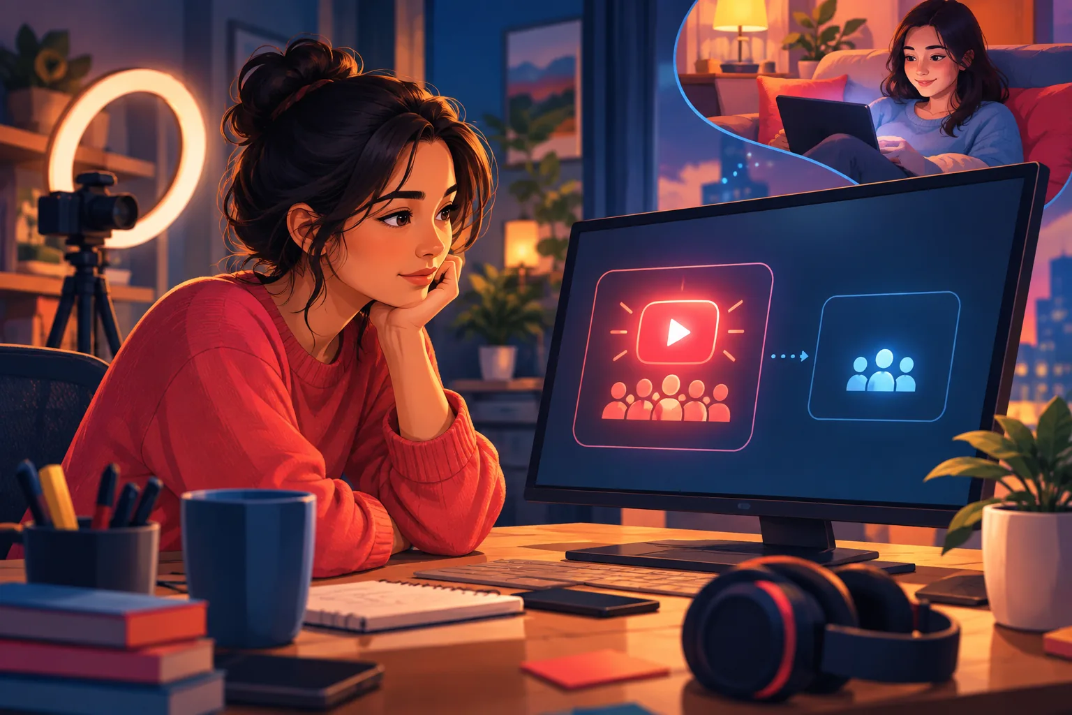 YouTube creator at her desk comparing a large subscriber badge against the small number of fans she can actually reach
