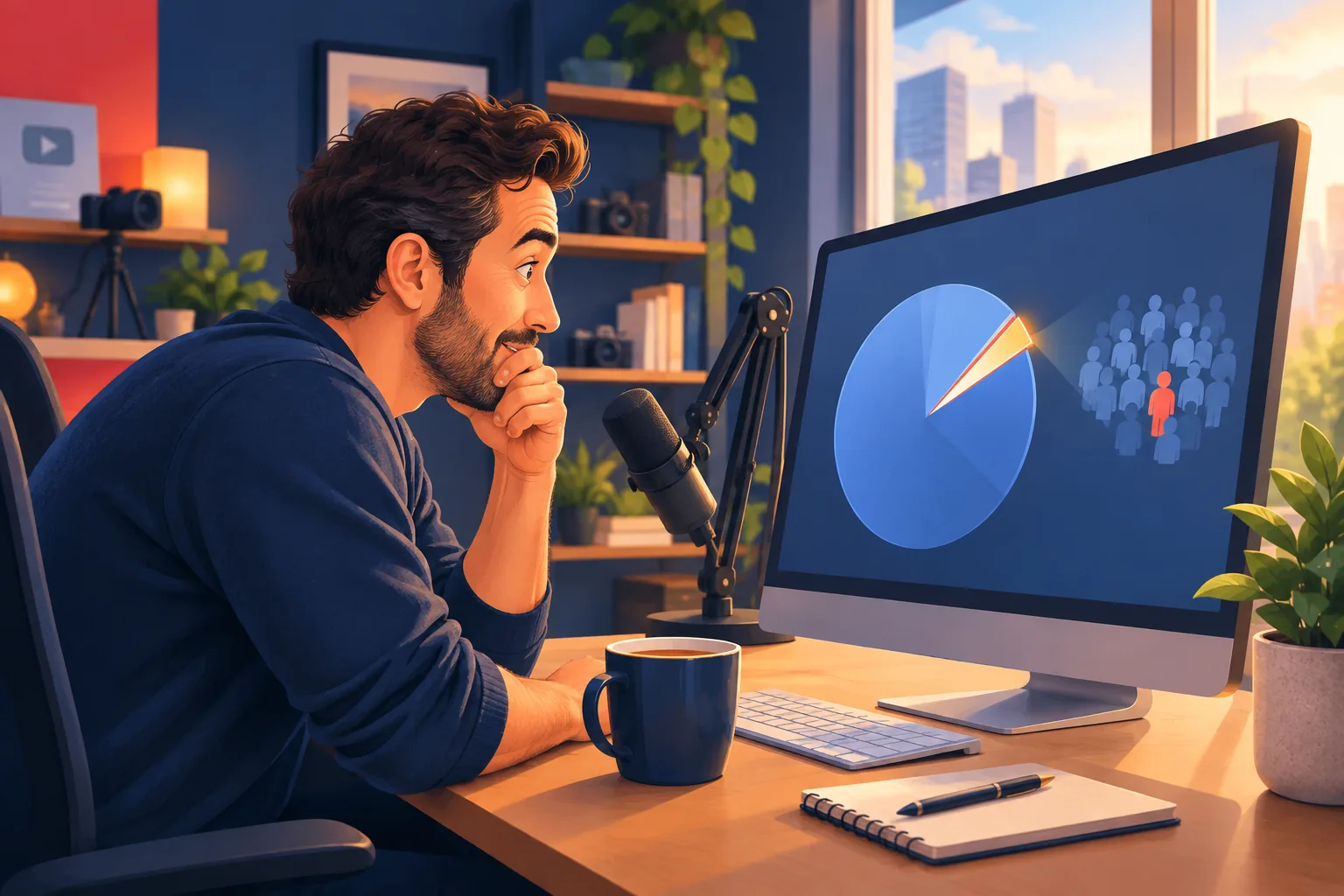 Male creator leaning toward his monitor with a dawning realization as he studies his subscriber list and the small slice who opted into alerts