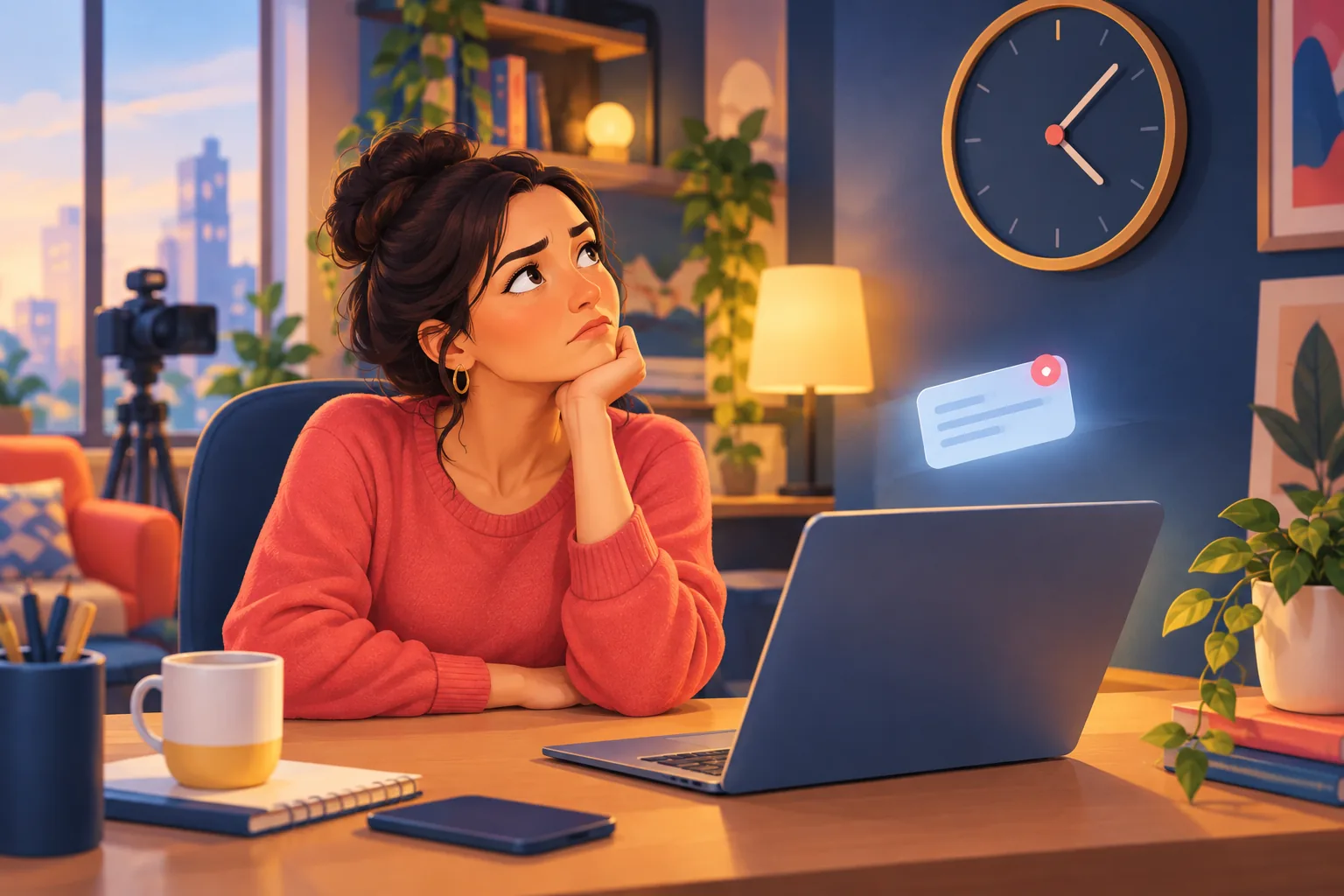 Woman creator at her desk glancing at a wall clock with a slightly frustrated expression, a single dimmed notification card held back beside her laptop to suggest an alert that arrived too late