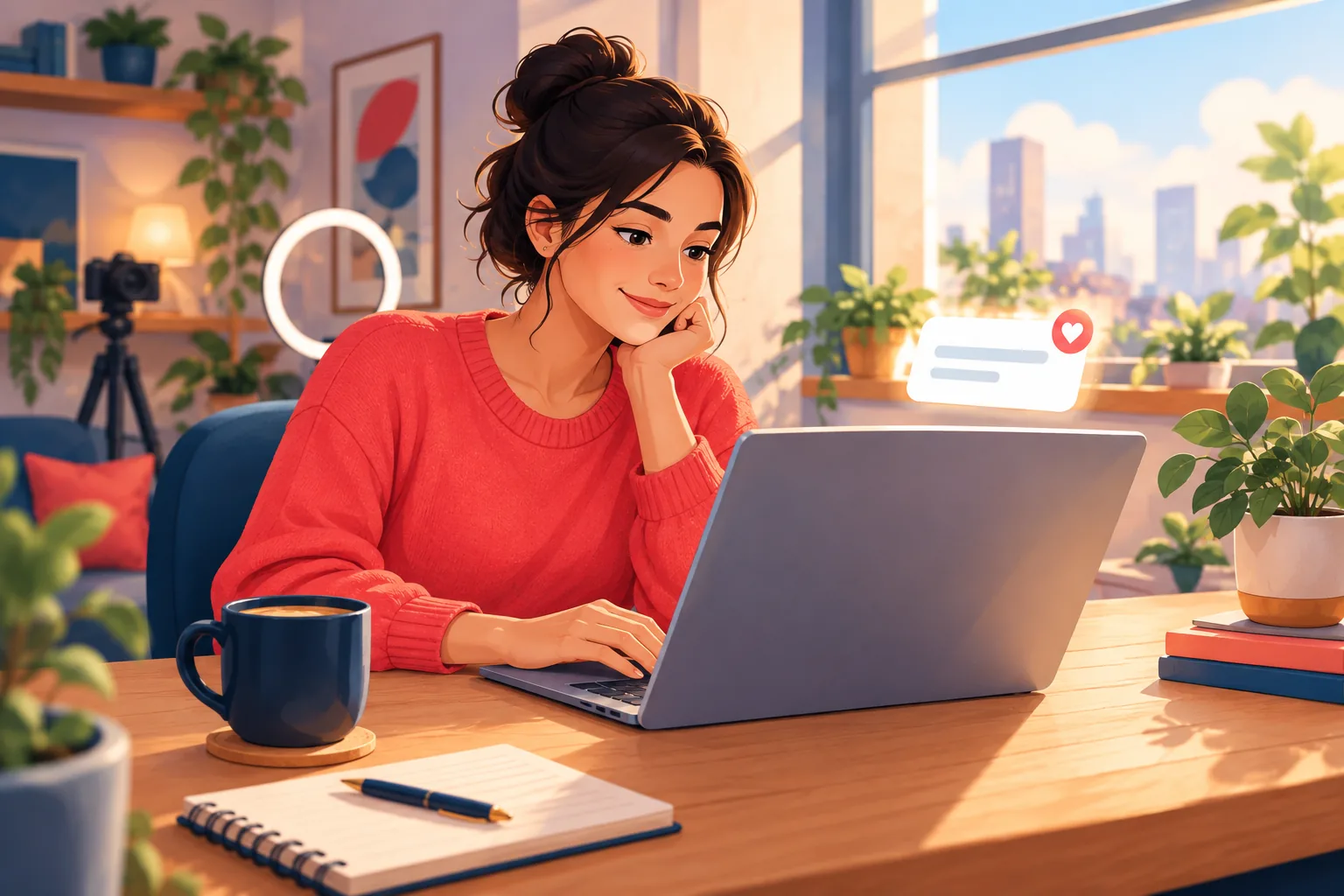 Creator composing a warm update to fans on her laptop, calm and in control, a single email-alert card glowing softly beside the screen