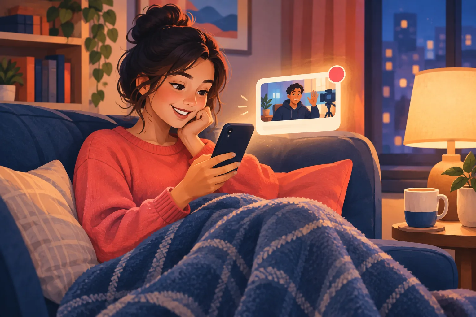Happy fan on her couch reading a new-video alert from a creator she follows, a soft email card glowing beside her phone