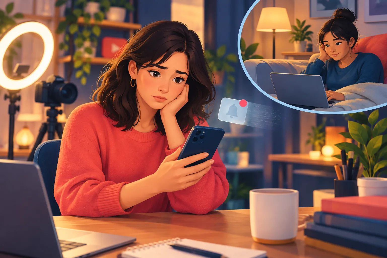 YouTube creator at her desk looking concerned as she reads a fan message saying they never got notified about her new video