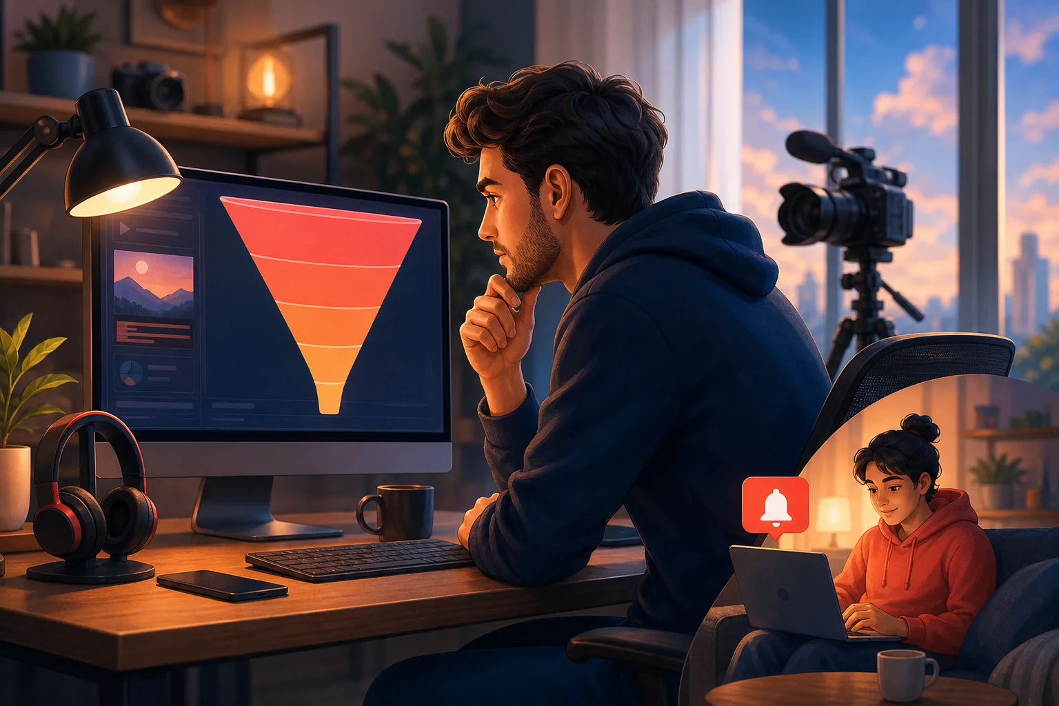 Creator at his desk studying a shrinking funnel diagram on his monitor, working out how few subscribers remain at the bottom