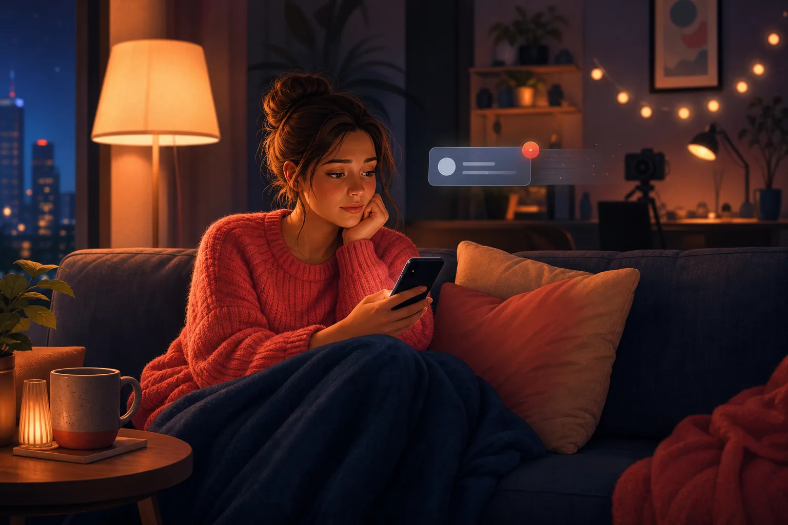 A busy fan glancing at her phone on the couch at night as a dimmed notification card fades away unsent