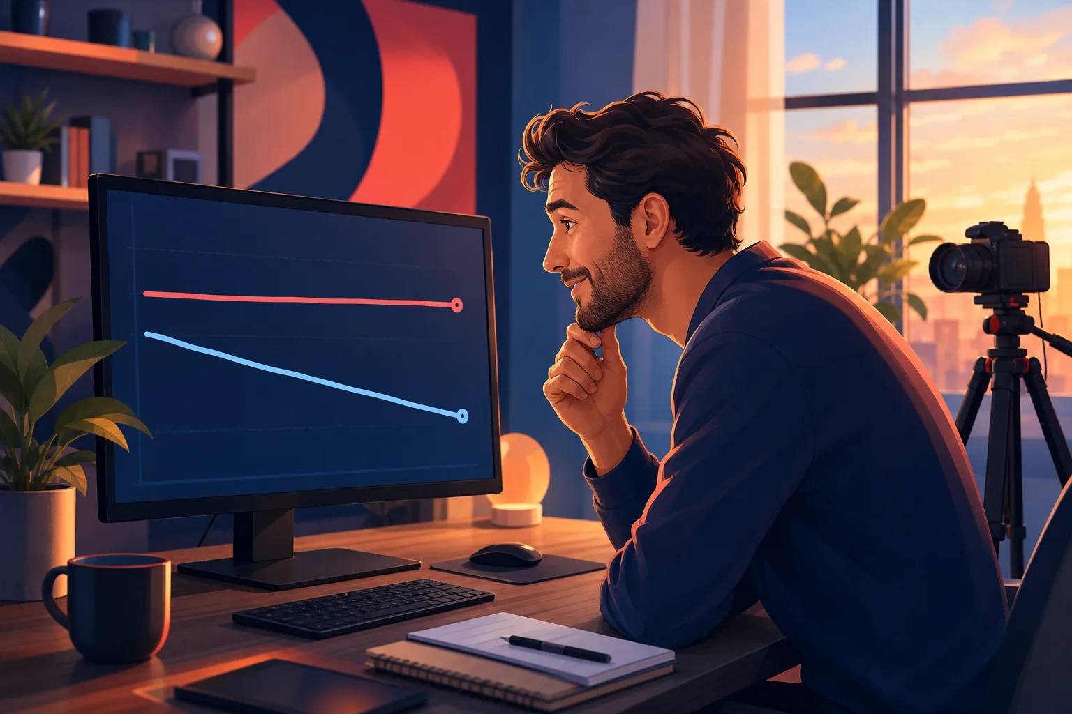 Creator leaning toward his monitor studying a steady subscriber line beside a falling views line, understanding the gap