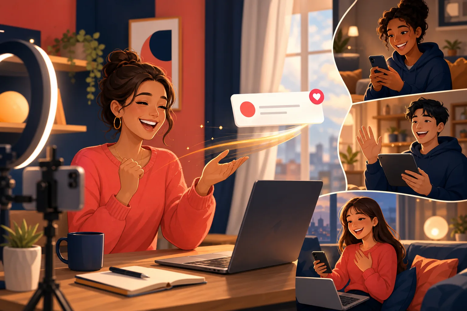 Creator publishing a video as a single clean email alert glides out to happy fans holding their phones