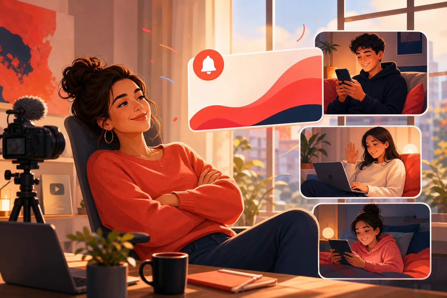 Creator leaning back in her chair with a calm confident smile, knowing her fans are reliably reached on every upload