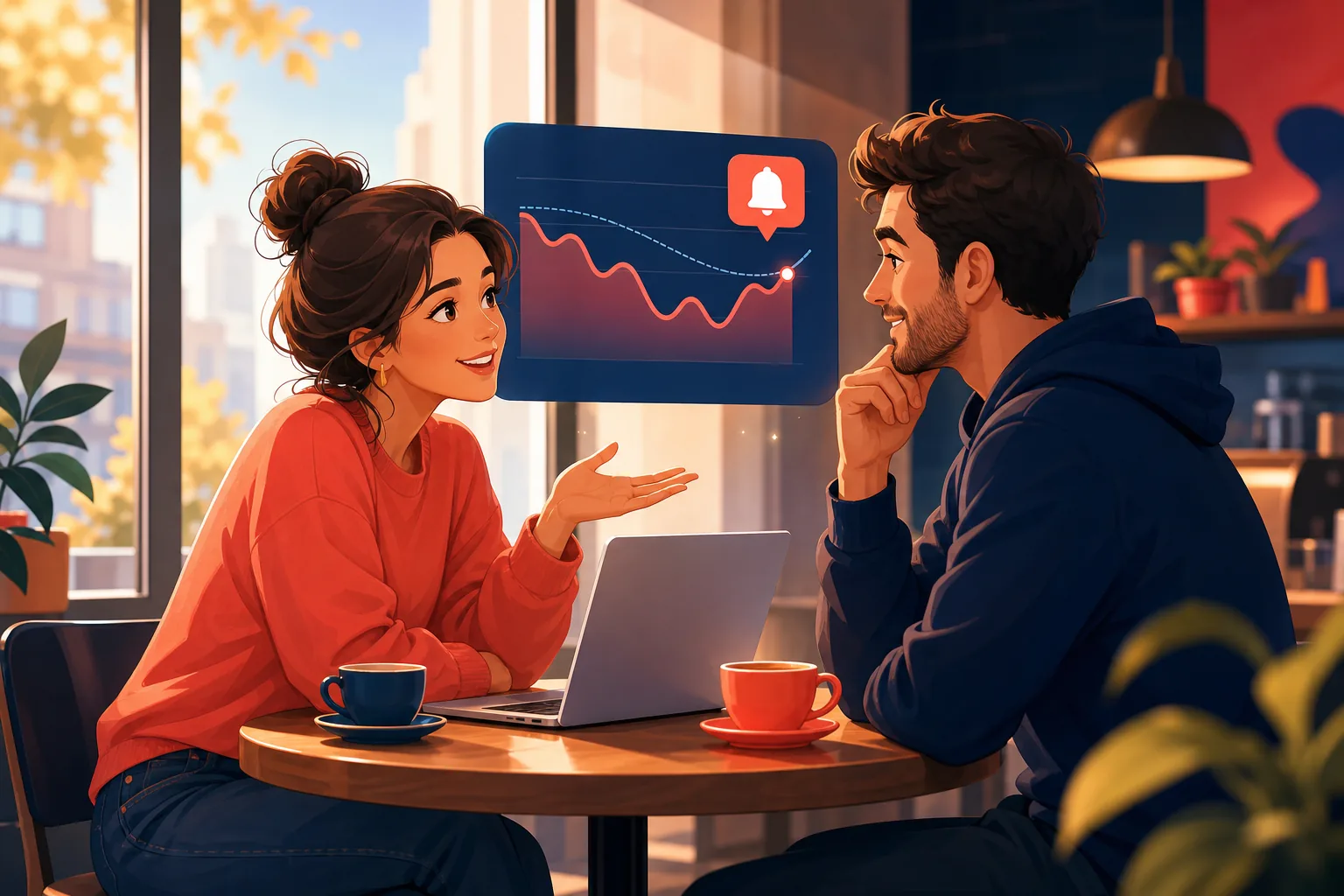 Creator at a coffee shop table reassuring a worried fellow creator, explaining that the drop is reach and not lost subscribers