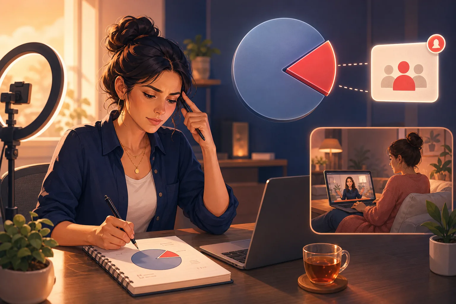 YouTube creator at her desk working out on paper why so few of her subscribers see each upload
