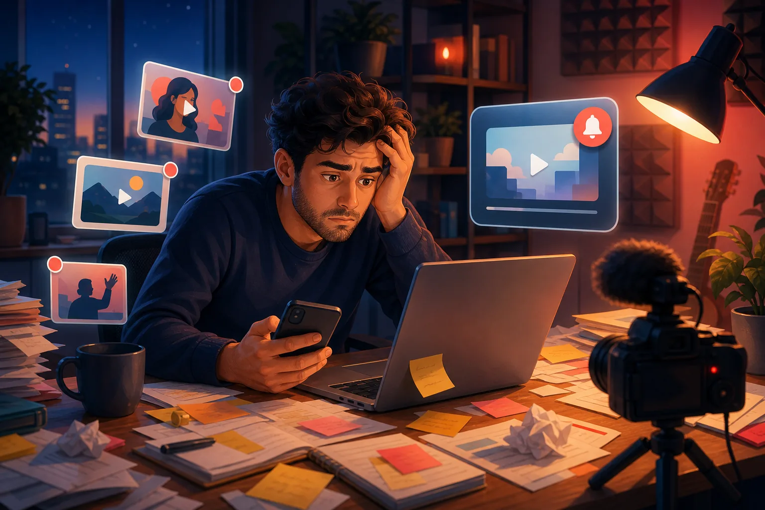 Tired man at a cluttered desk juggling a laptop and phone, overwhelmed trying to keep up with too many channels