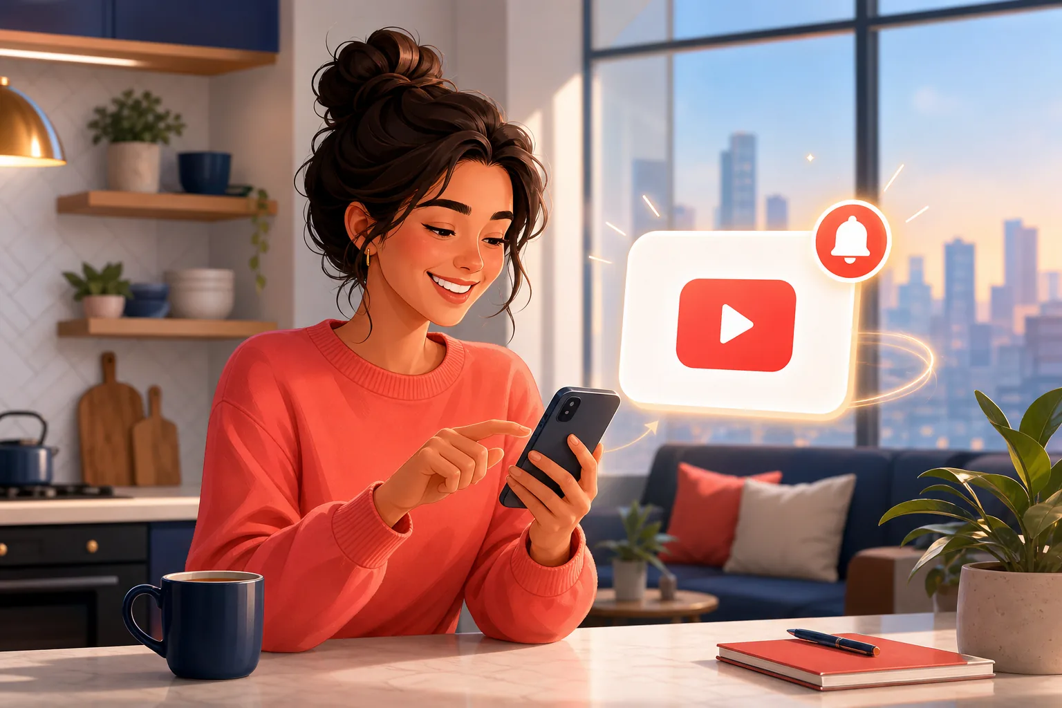 Cheerful woman at a kitchen counter tapping her phone to add a favorite channel to her email alerts