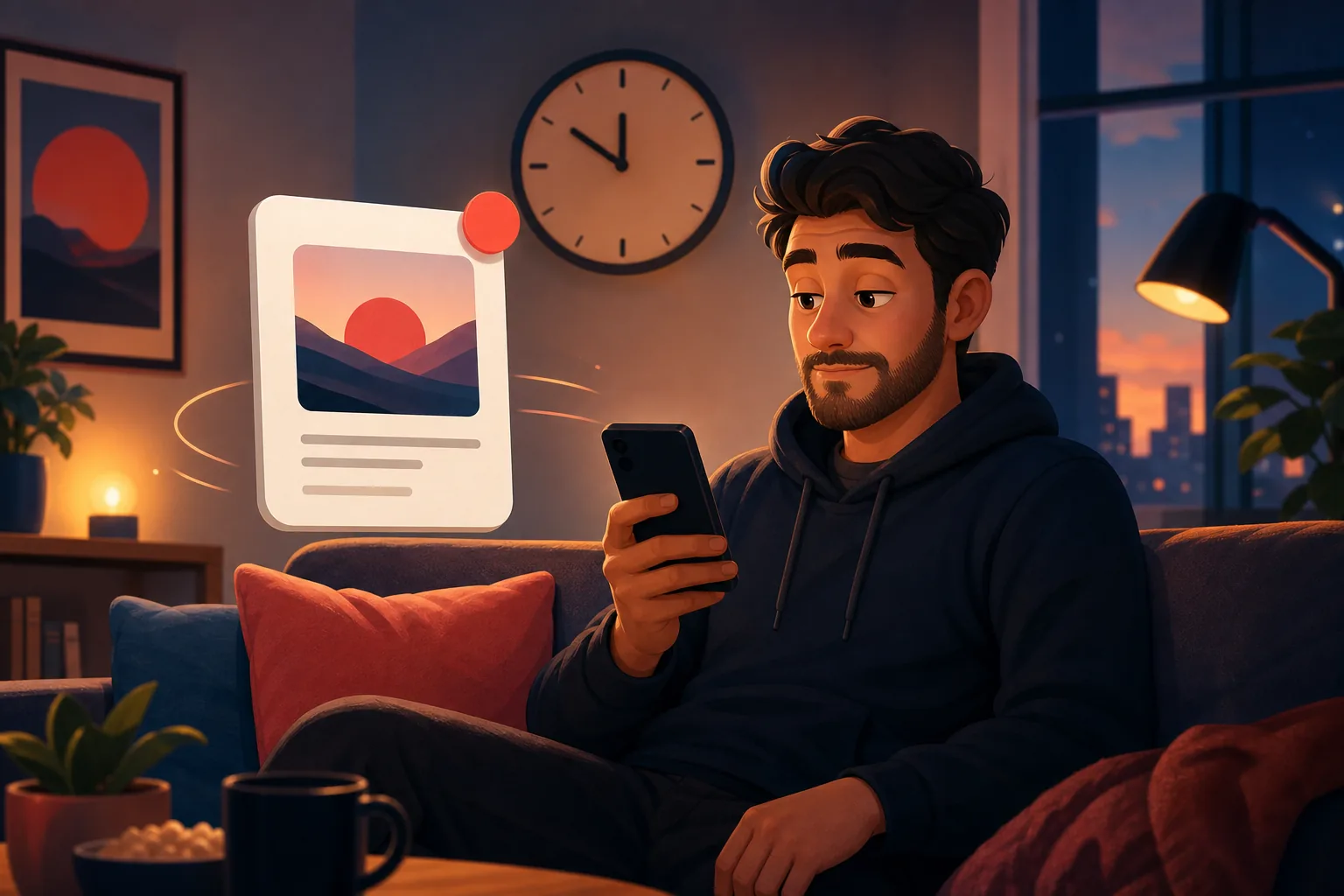 Man on a couch glancing at a delayed once-a-day roundup on his phone, a wall clock behind him hinting a long wait