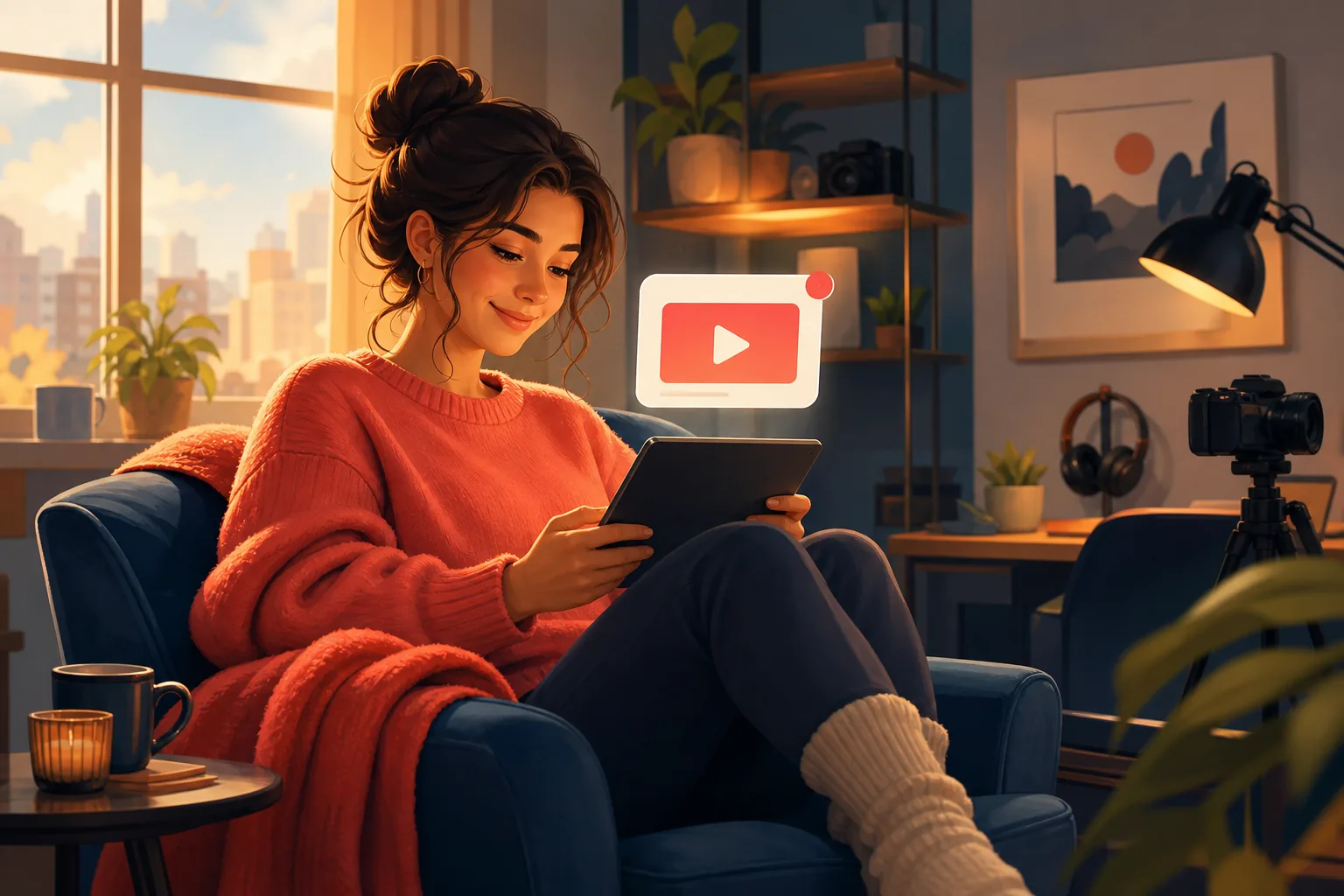 Content woman relaxing in an armchair as a fresh new-video email arrives promptly on the tablet in her lap