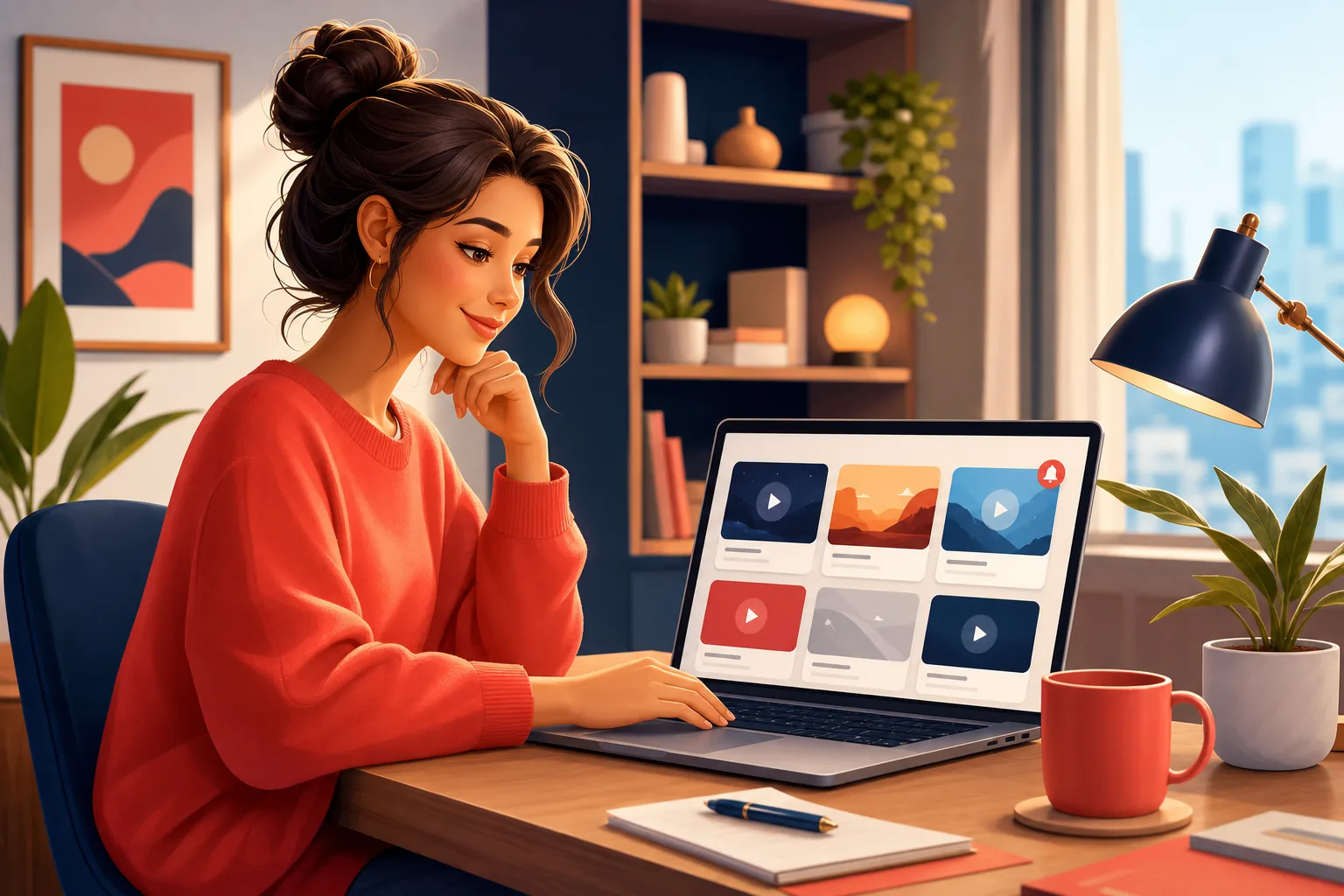Focused woman at a tidy home office desk organizing her favorite channels into a clean simple list