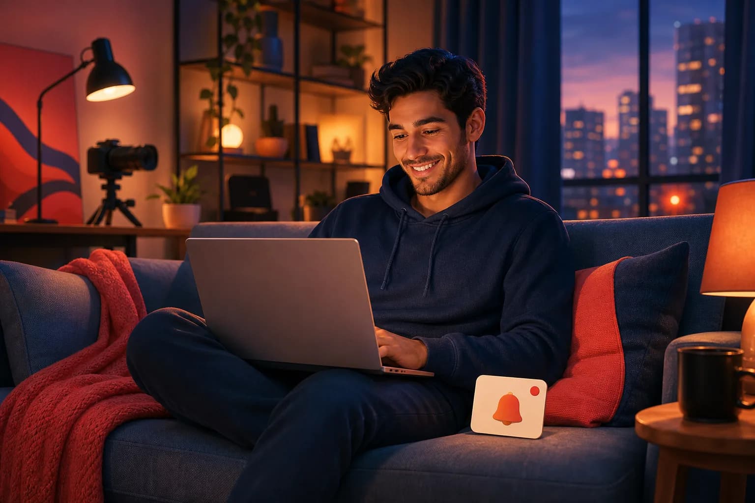 Happy man on a sofa in the evening watching a video on his laptop, relaxed after catching every upload