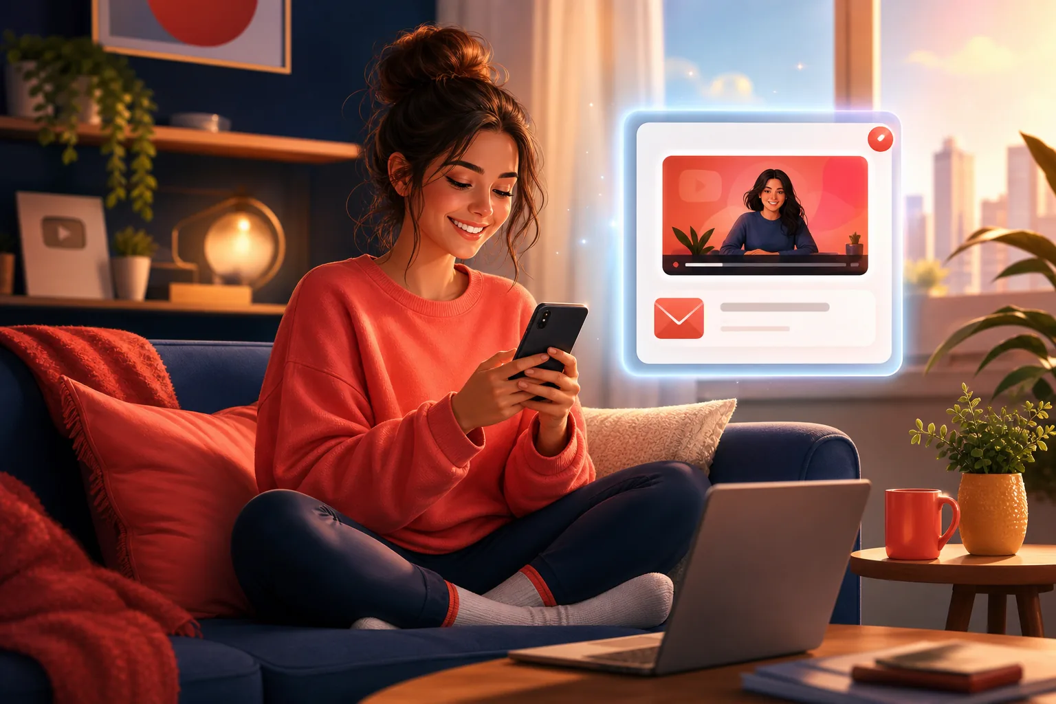 Woman on a sofa smiling at one inbox card showing a new-video alert from a channel she follows