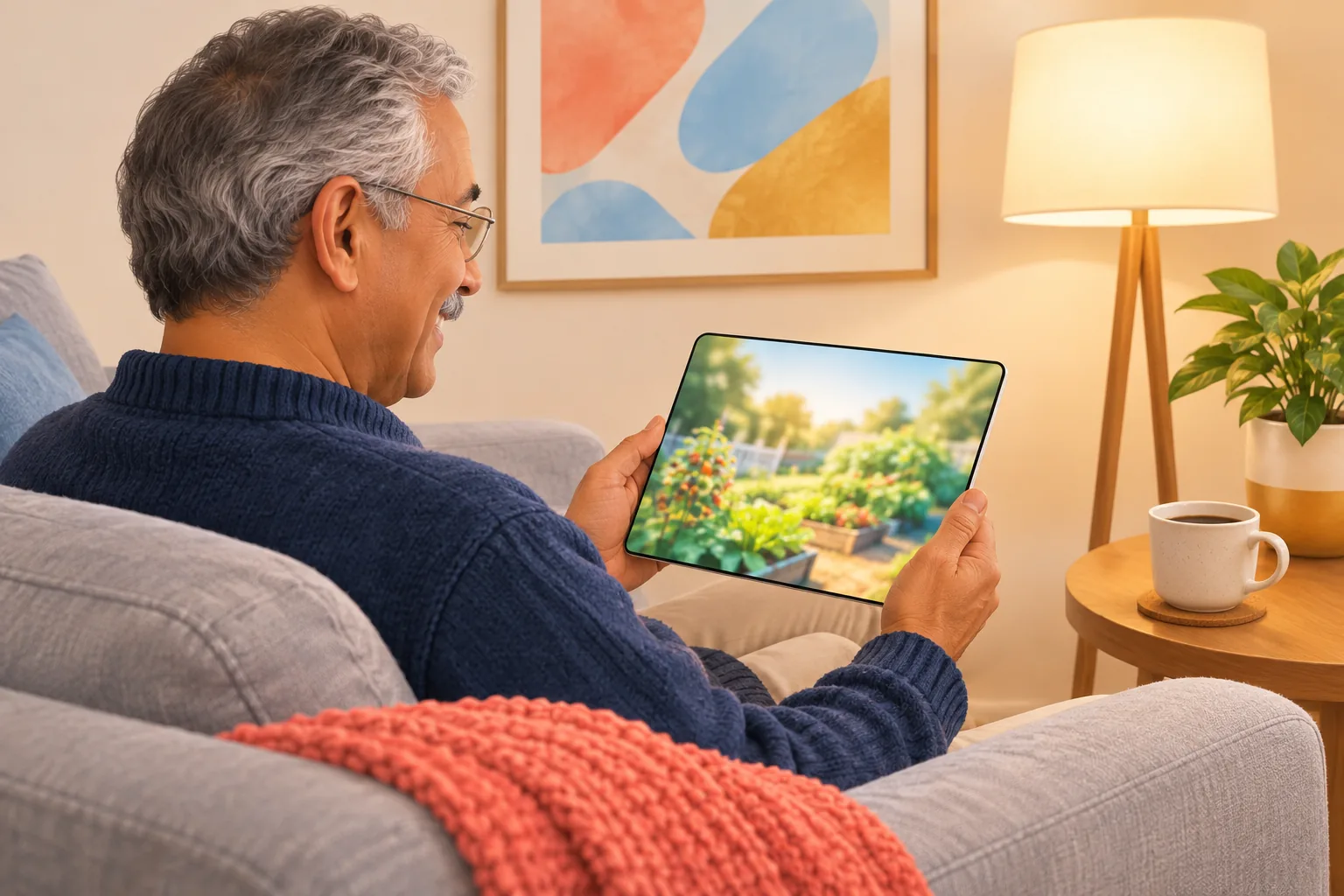 Father on his living room sofa proudly watching a video his creator daughter sent him as an unlisted link