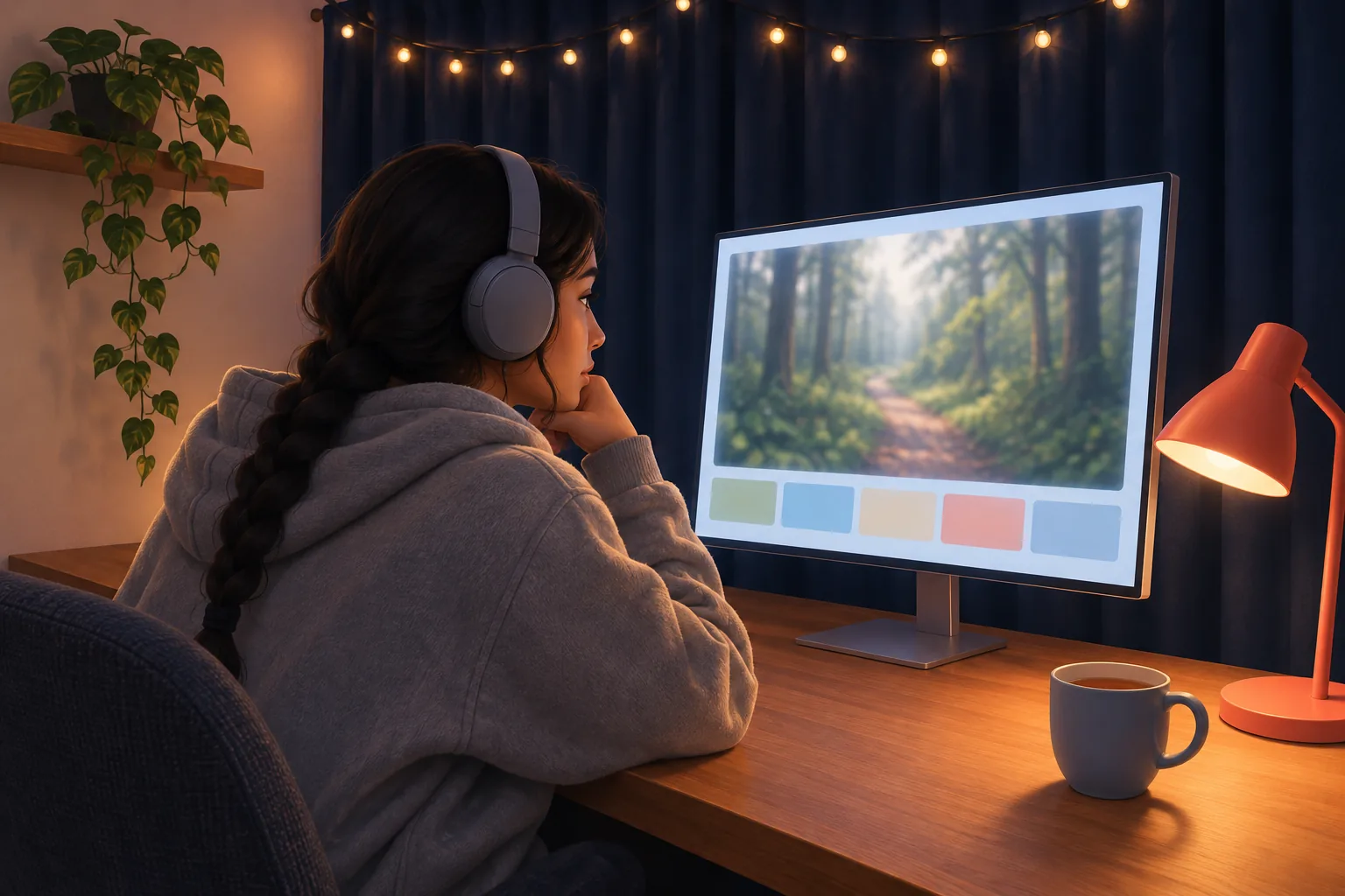 Creator alone in her cozy editing nook at night, headphones on, privately reviewing a rough cut with a focused expression