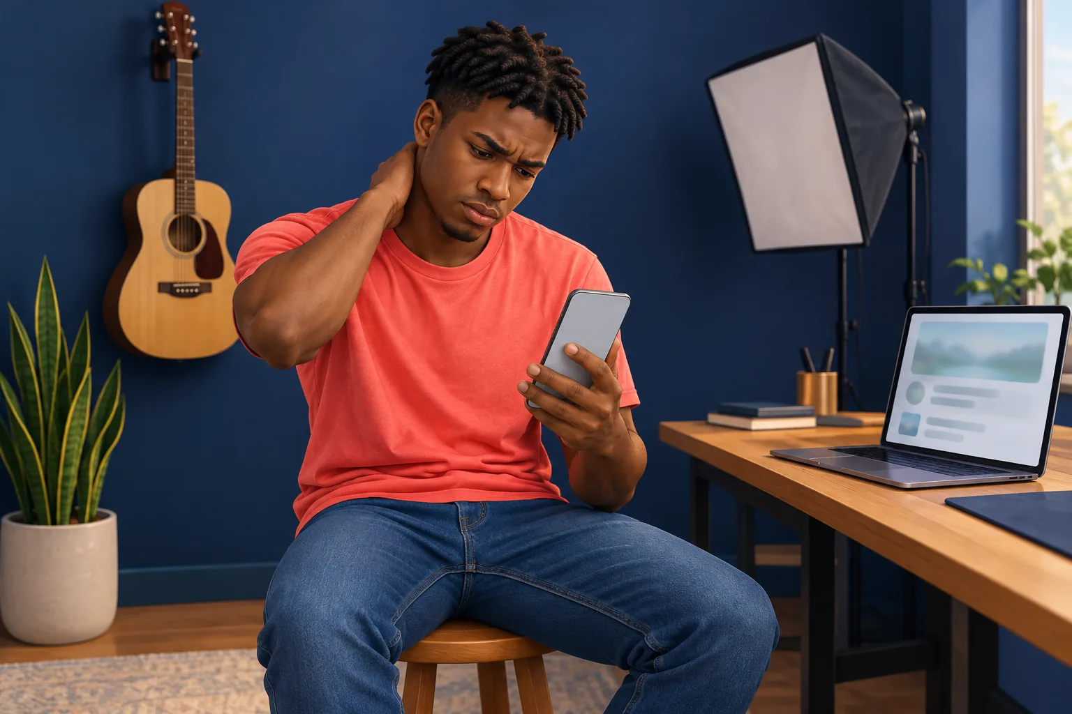Young creator in his home studio frowning at his quiet phone, realizing his new video went out unlisted
